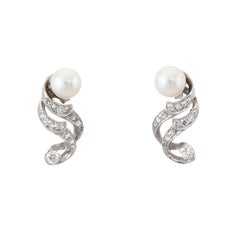Cultured Pearl Diamond Ribbon Drop Earrings Vintage 14 Karat White Gold