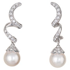 Cultured Pearl Diamond Ribbon Earrings Drops Vintage 18k White Gold Jewelry