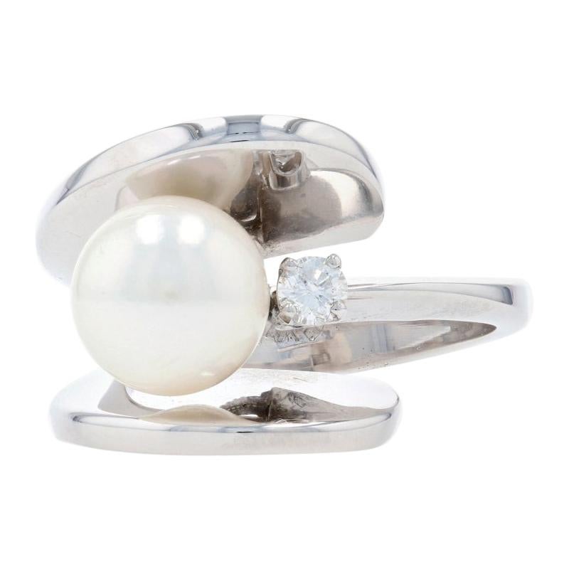 Cultured Pearl & Diamond Ring, 14k Gold Modern Bypass Round Brilliant .12ct