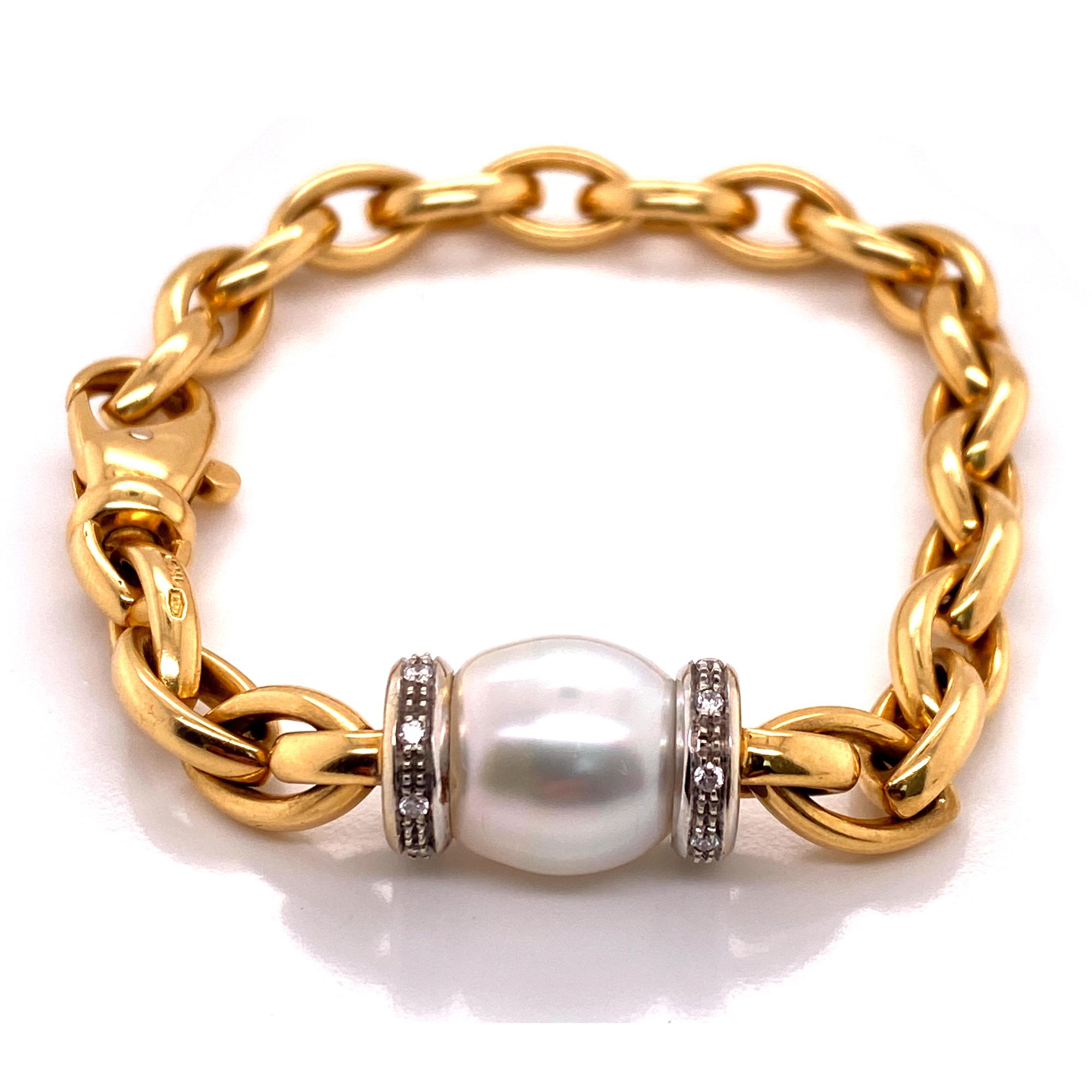 Round Cut Cultured Pearl Diamond Station Solid Oval Link 18 Karat Yellow Gold Bracelet