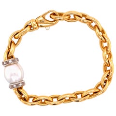 Cultured Pearl Diamond Station Solid Oval Link 18 Karat Yellow Gold Bracelet