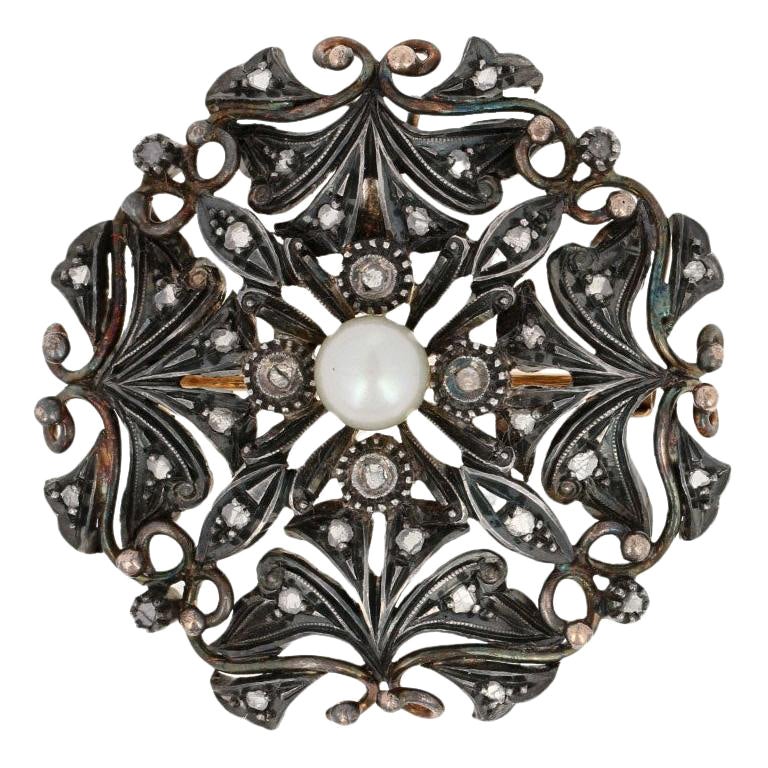 Broche/pendentif victorienne ancienne en or et argent 18 carats, perles de culture et diamants