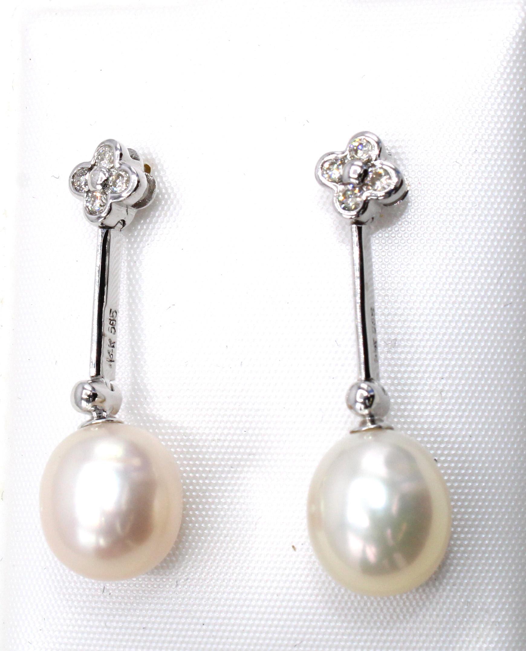 Contemporary Cultured Pearl Diamond White Gold Ear Pendants For Sale