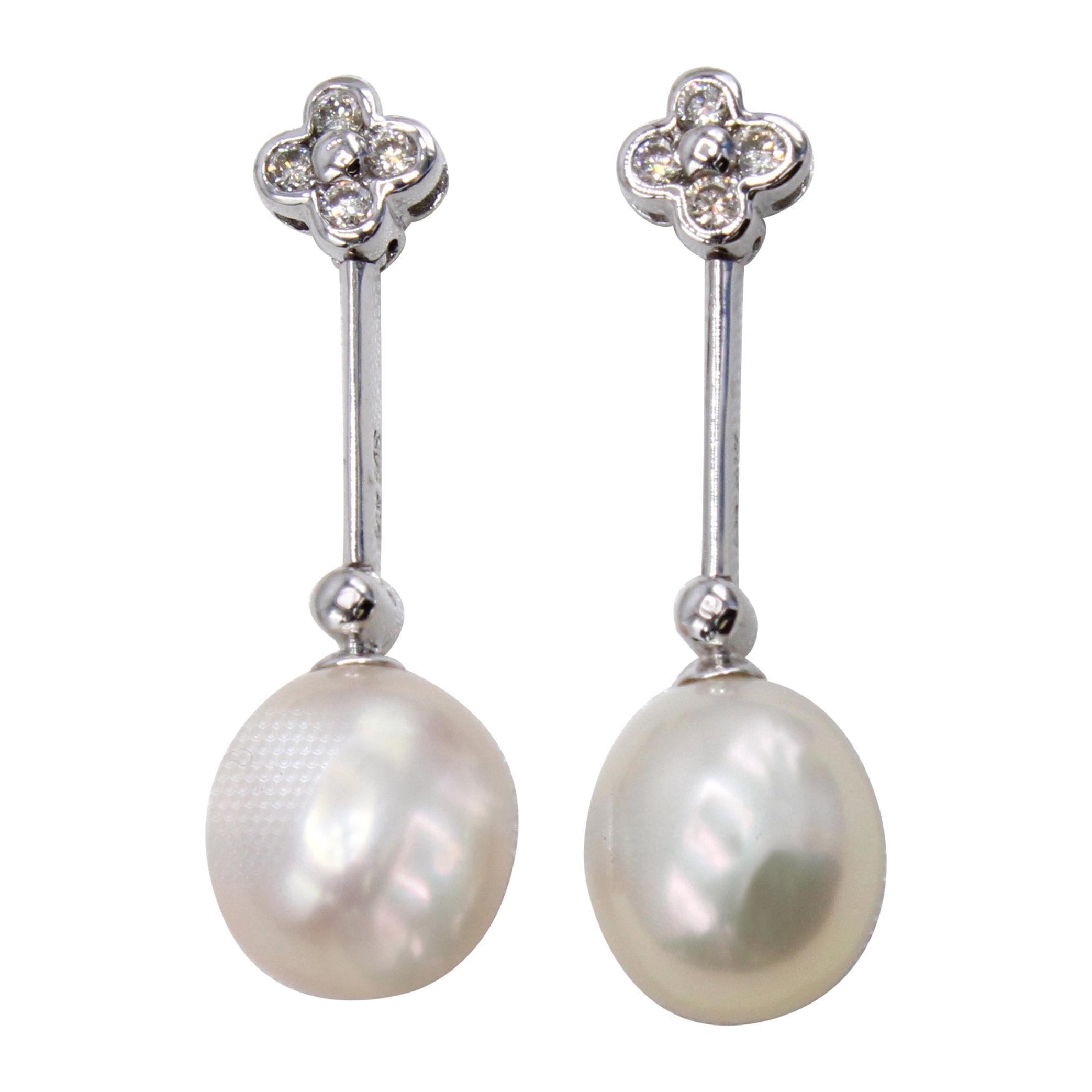 Cultured Pearl Diamond White Gold Ear Pendants For Sale