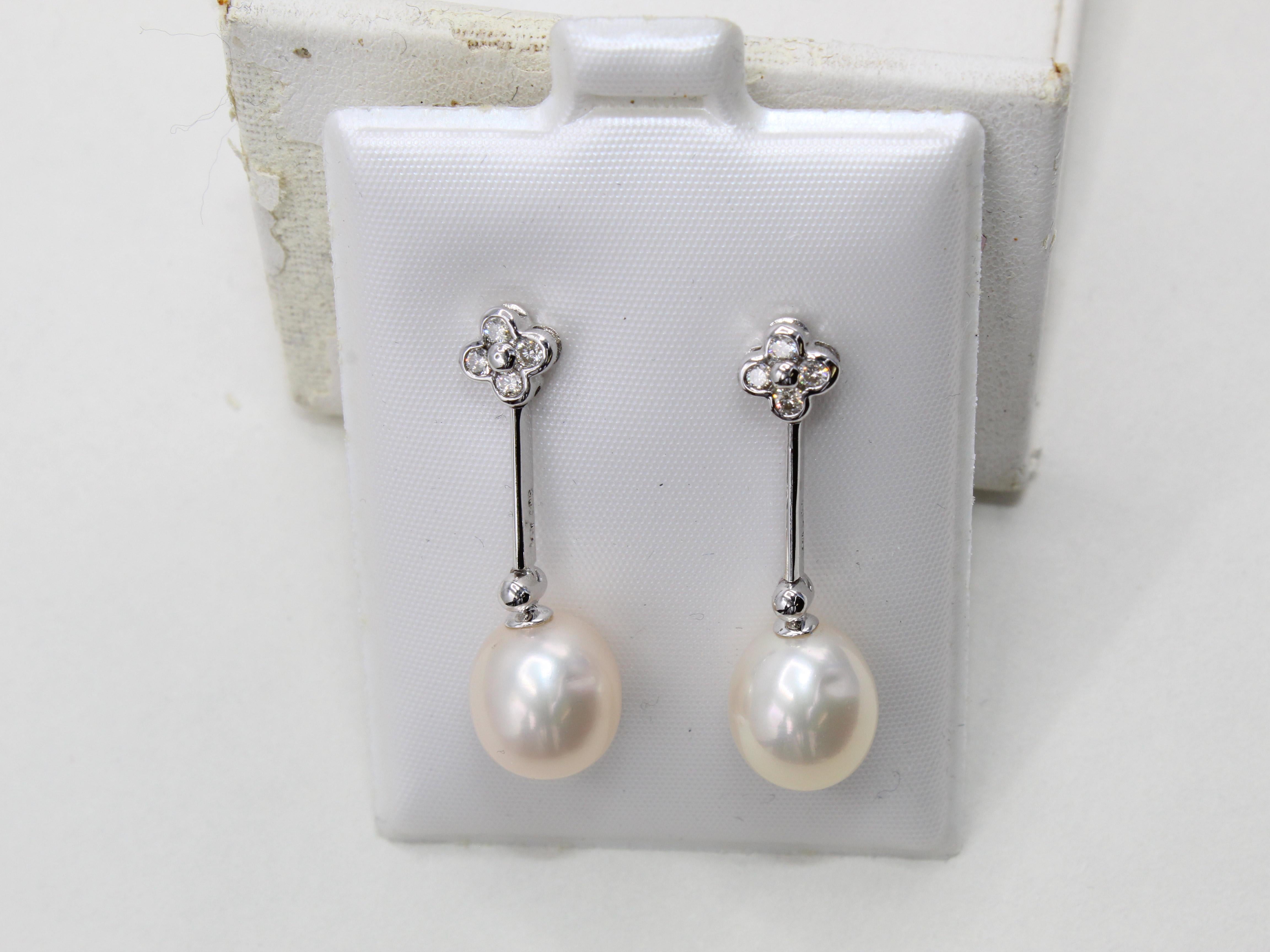 Contemporary Cultured Pearl Diamond White Gold Earrings For Sale