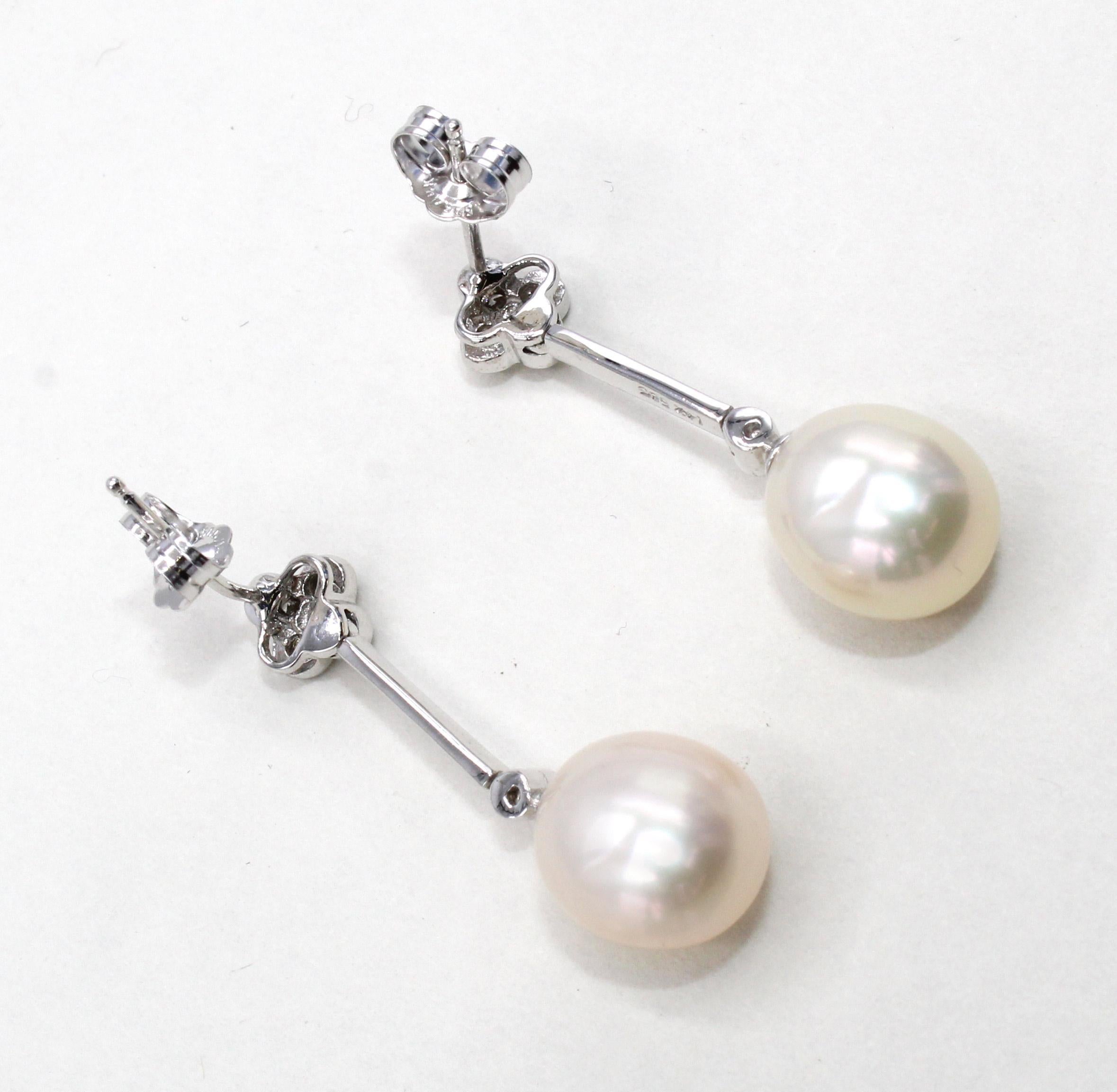 Round Cut Cultured Pearl Diamond White Gold Earrings For Sale