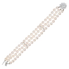 Cultured Pearl Diamond White Gold Three-Row Bracelet