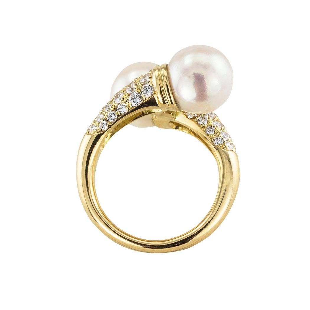 Round Cut Cultured Pearl Diamond Yellow Gold Bypass Ring