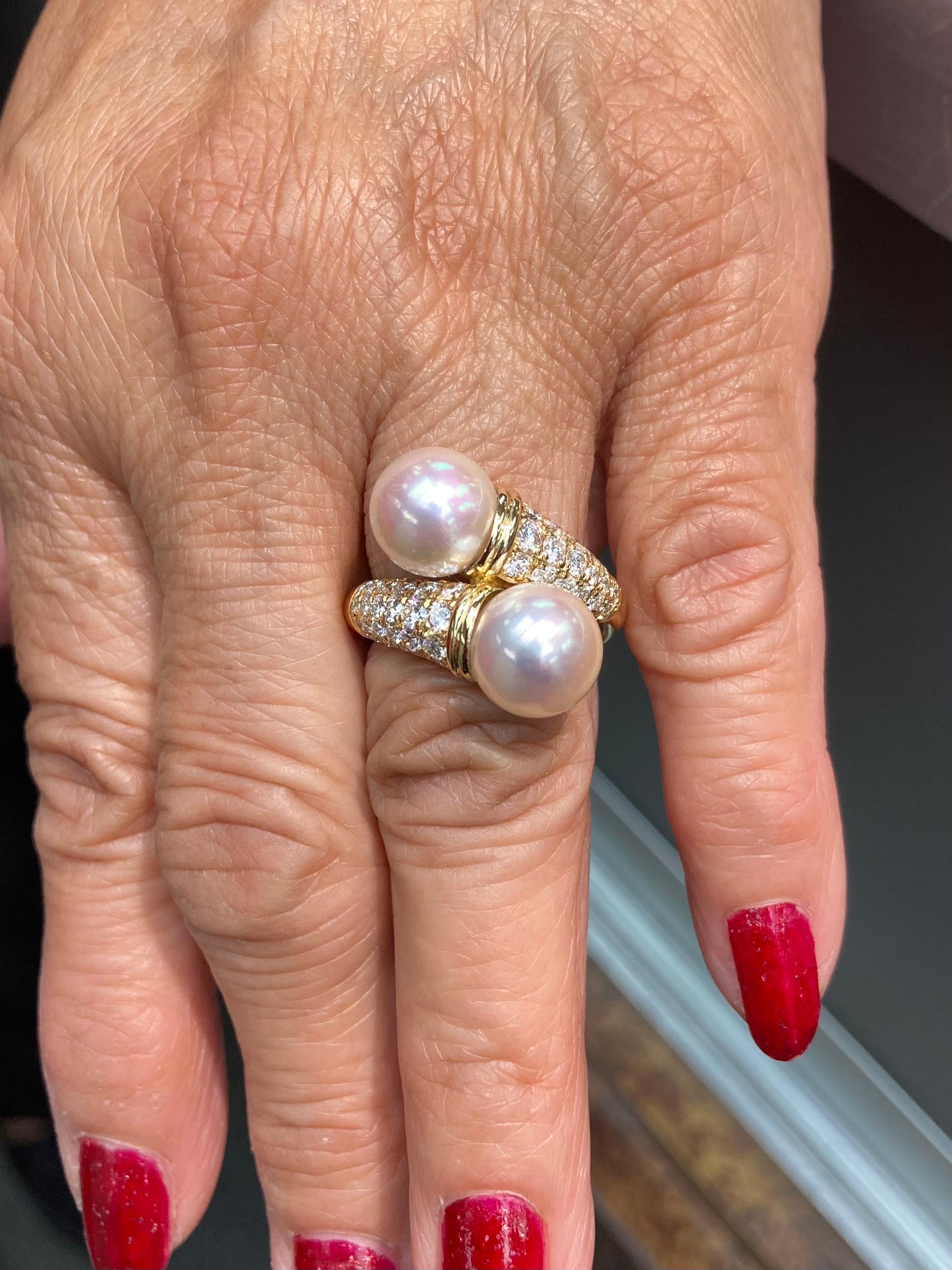 Cultured Pearl Diamond Yellow Gold Bypass Ring In Good Condition In Los Angeles, CA