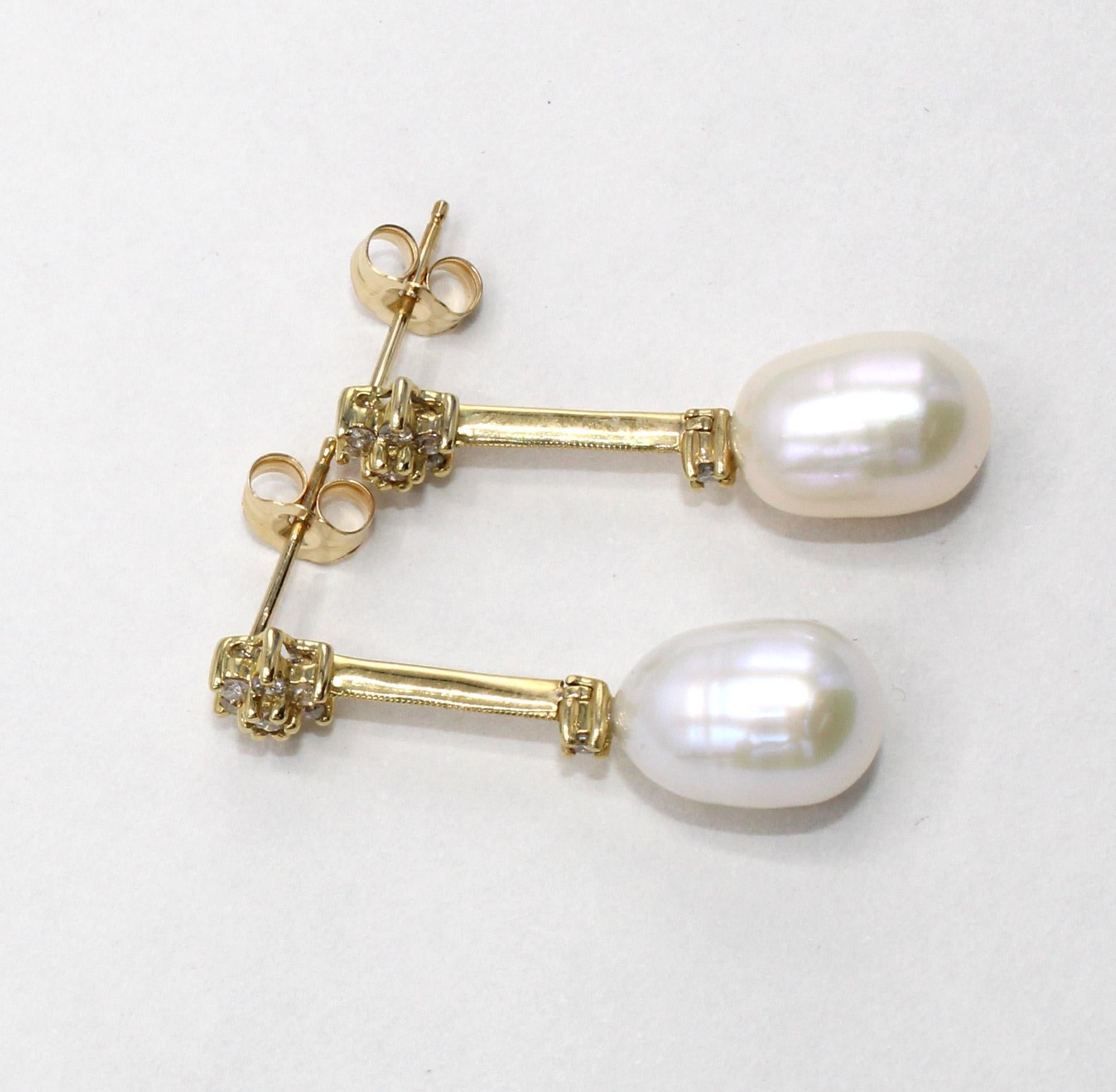 Contemporary Cultured Pearl Diamond Yellow Gold Ear Pendants For Sale