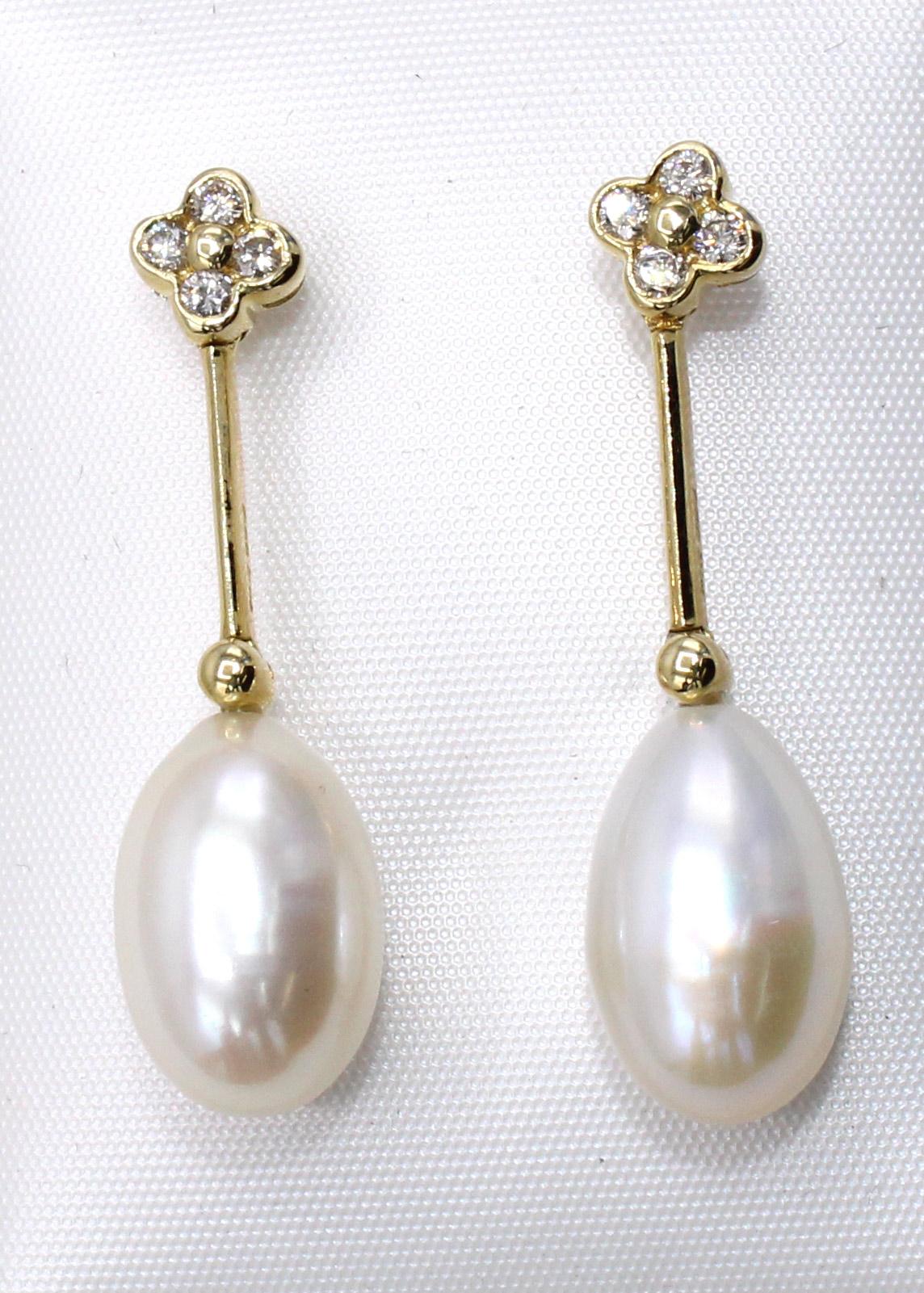 Round Cut Cultured Pearl Diamond Yellow Gold Ear Pendants
