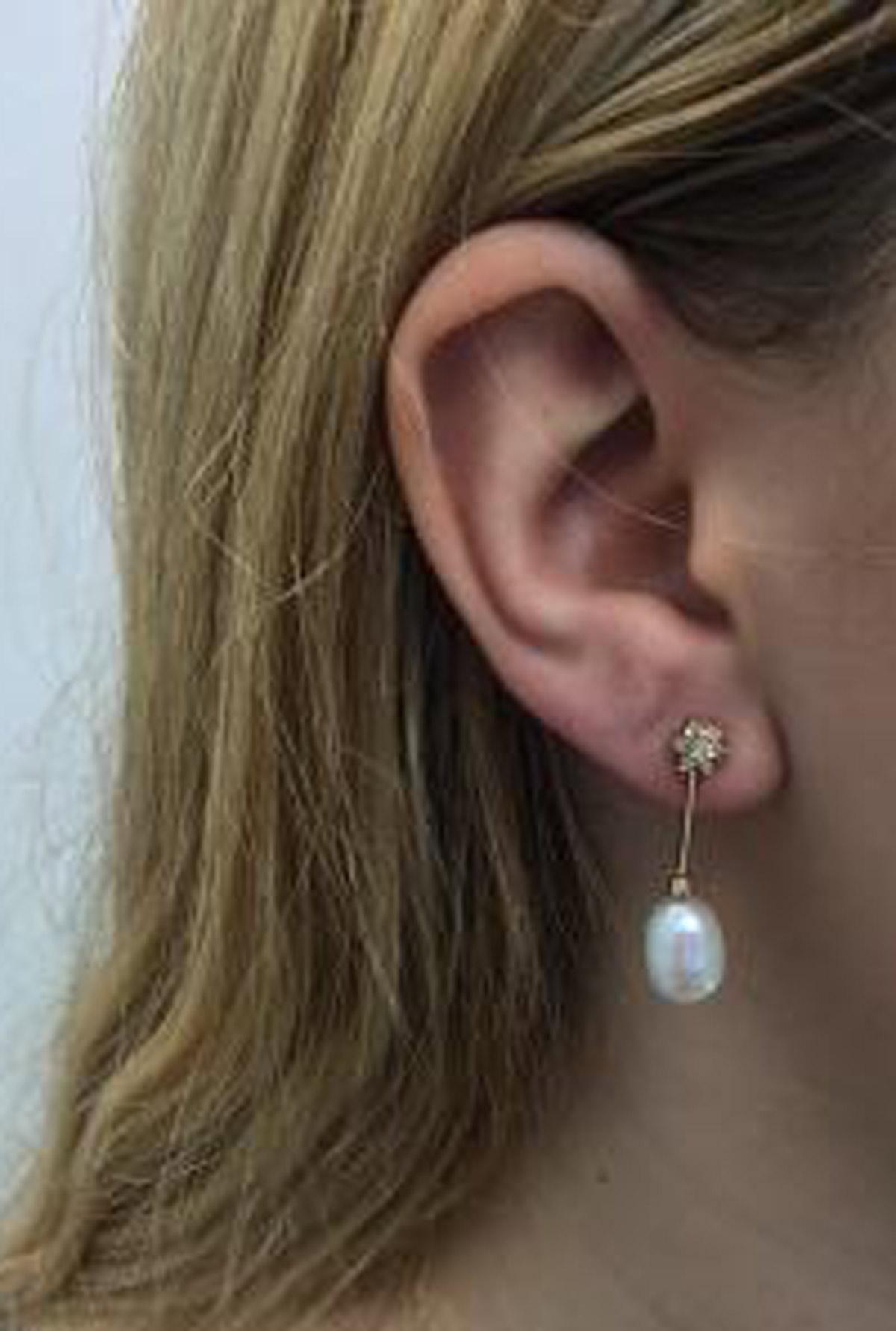 Women's or Men's Cultured Pearl Diamond Yellow Gold Ear Pendants For Sale