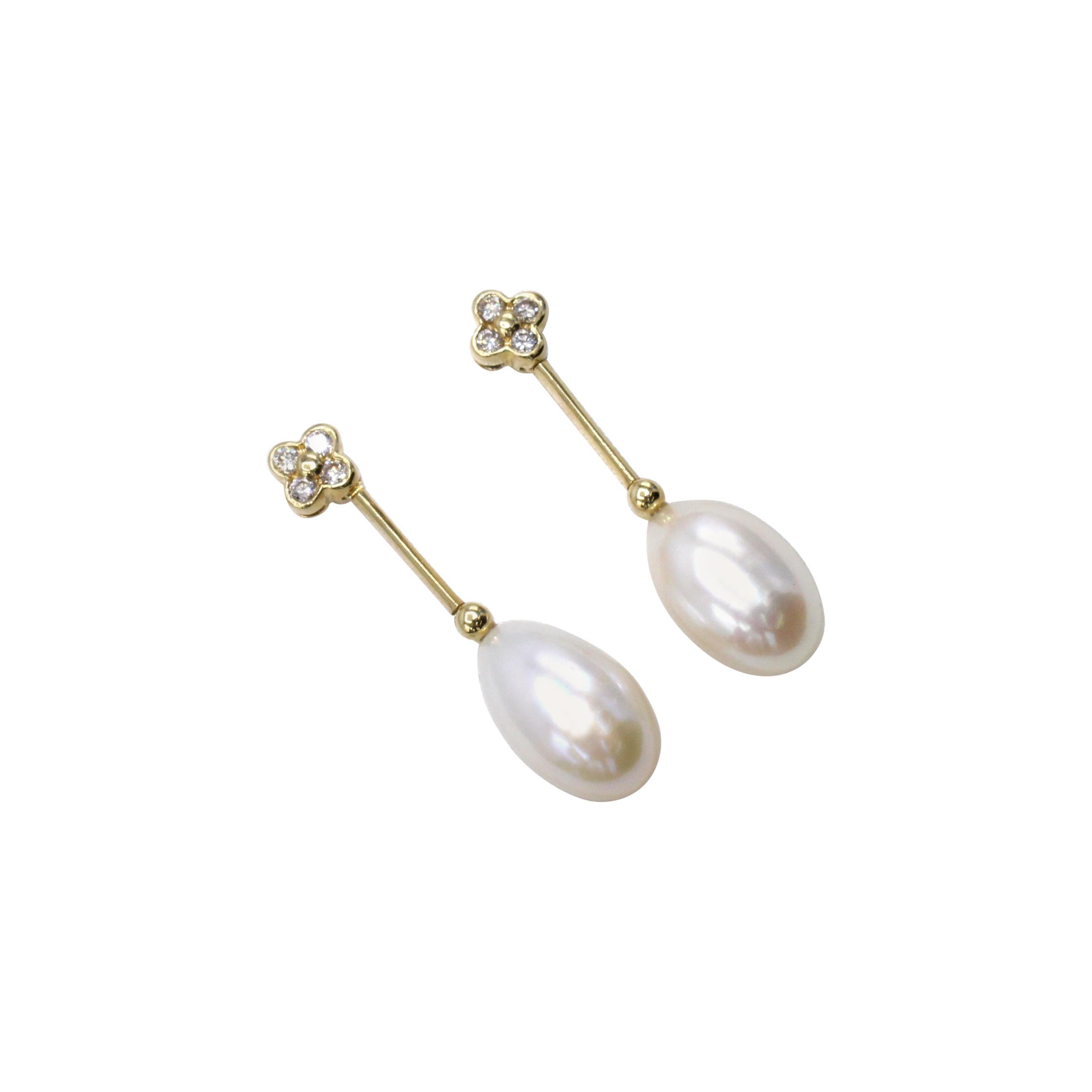 Cultured Pearl Diamond Yellow Gold Ear Pendants