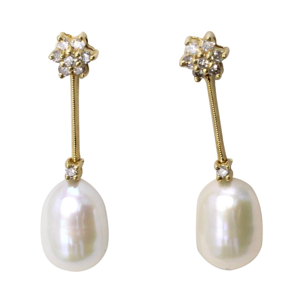 Cultured Pearl Diamond Yellow Gold Ear Pendants For Sale