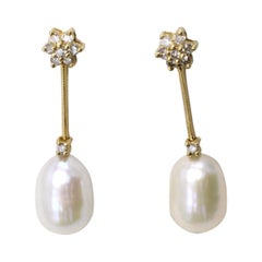 Cultured Pearl Diamond Yellow Gold Ear Pendants