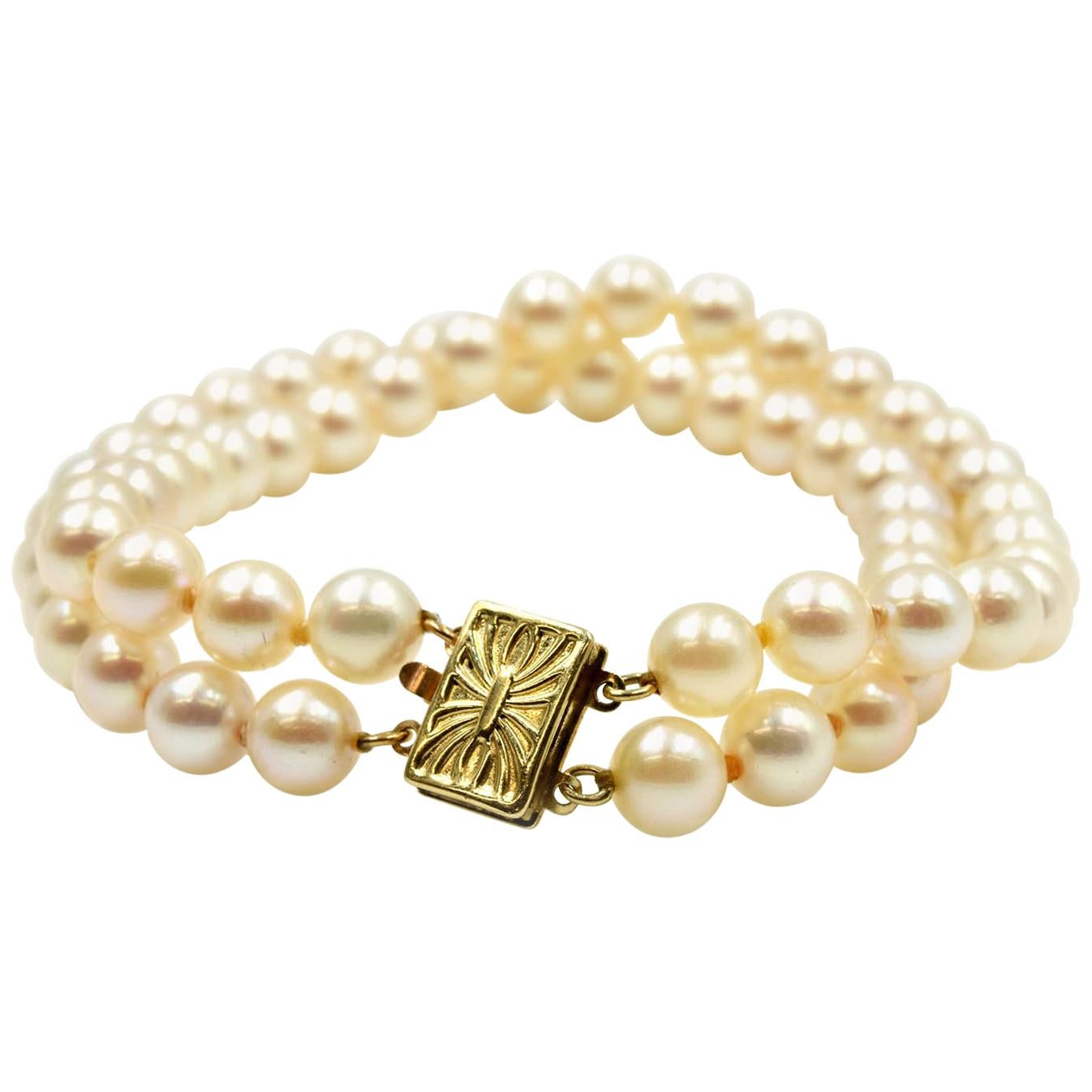 Cultured Pearl Double Strand Bracelet with 14 Karat Yellow Gold Clasp