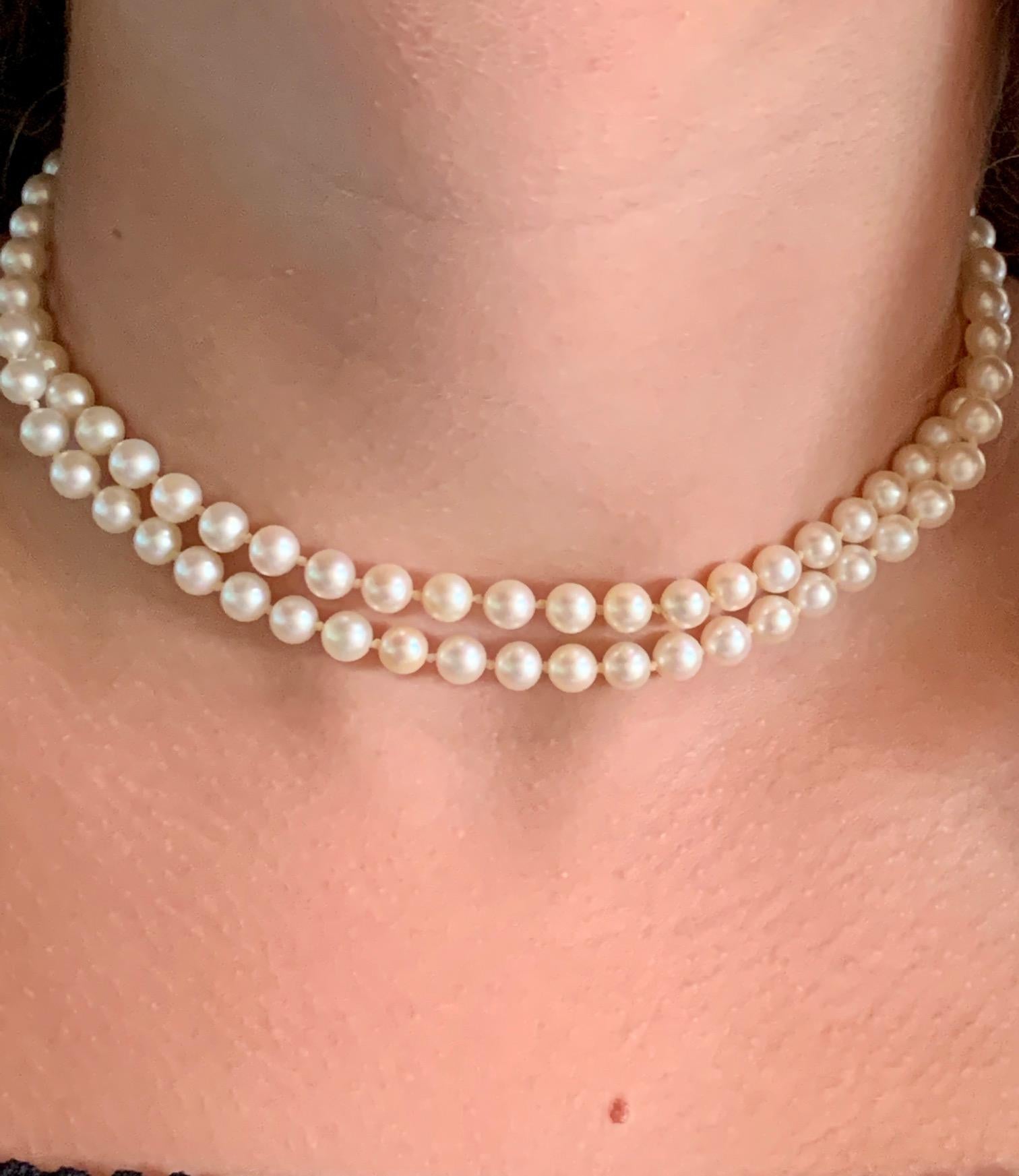 Cultured Pearl Double Strand Necklace and Diamond and 14 Karat Yellow Gold Clasp 4