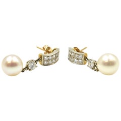 Cultured Pearl Drop Earrings with Diamond Accents 18 Karat Yellow Gold