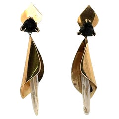 Cultured Pearl & Druzy 14 Karat Yellow Gold Dangle Retro Earrings