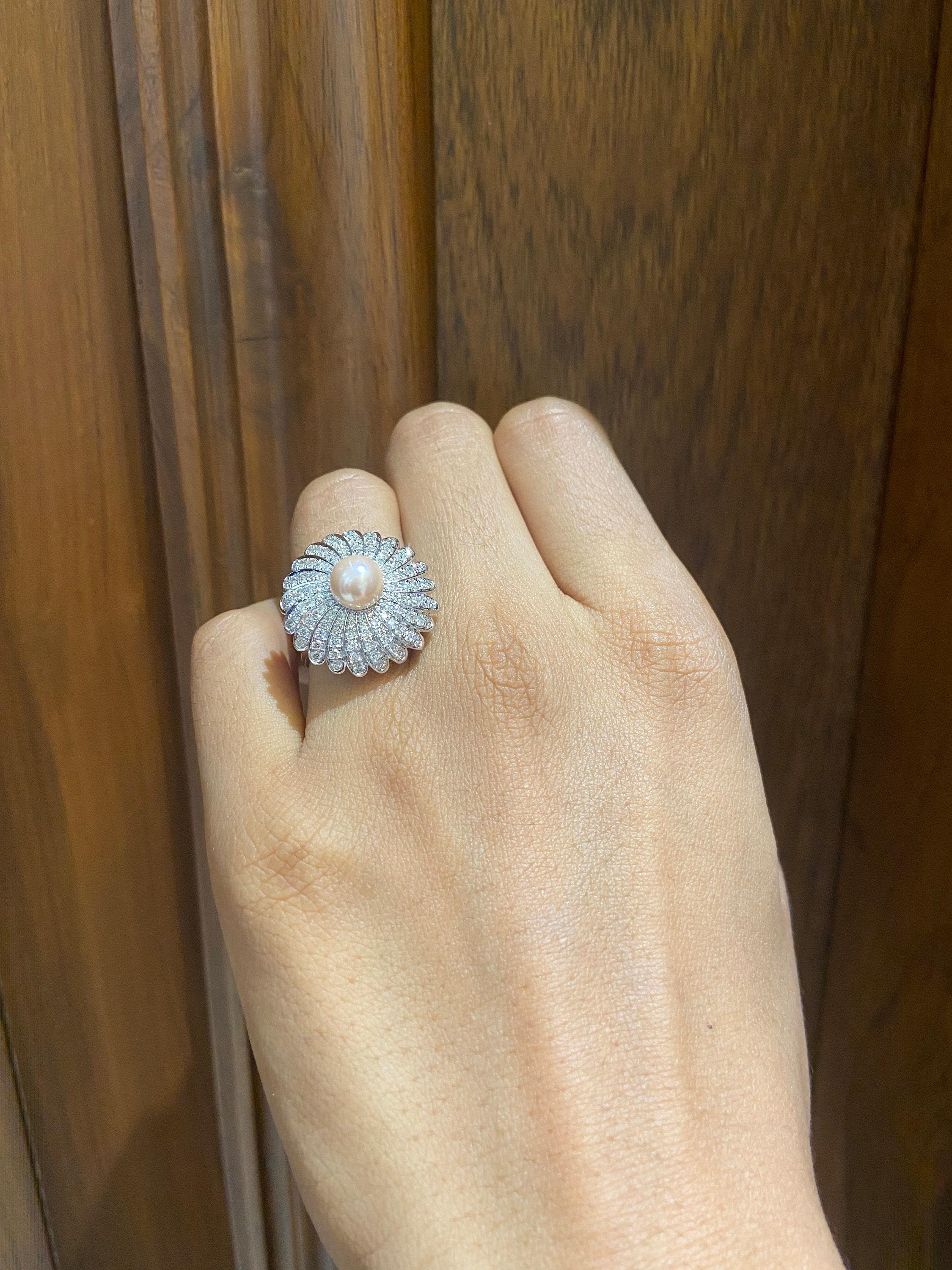 Art déco Bague en or massif 14K avec fleur de perle de culture et diamant (certifié) en vente