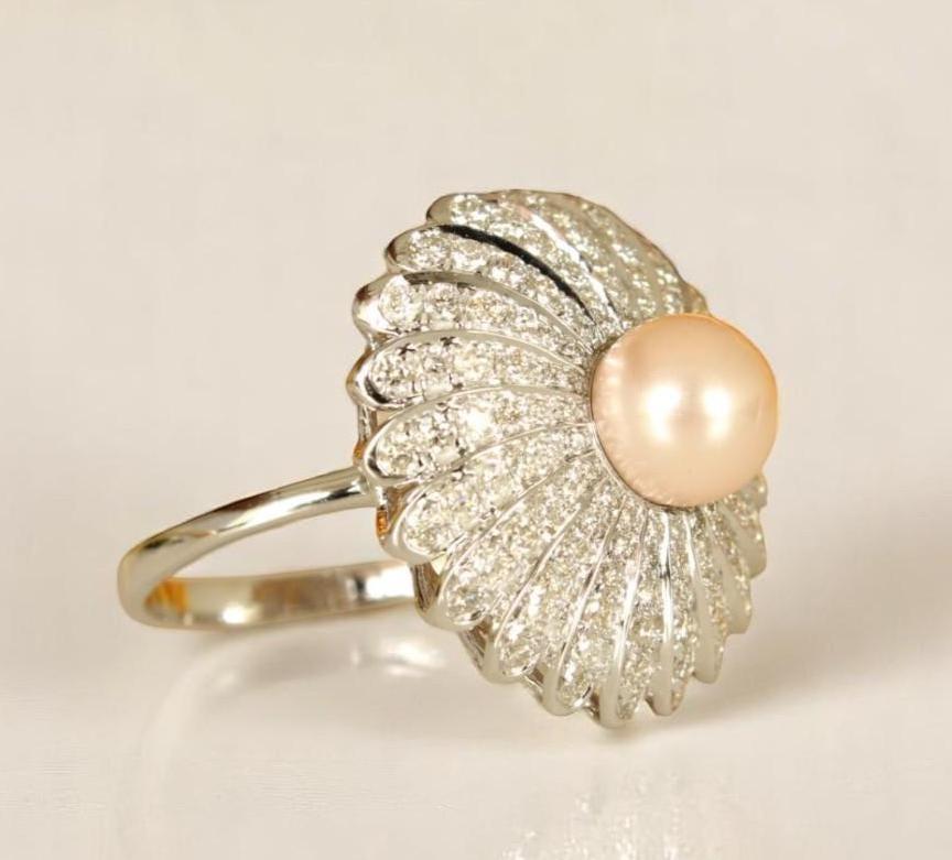 Bague en or massif 14K avec fleur de perle de culture et diamant (certifié) Neuf - En vente à New Delhi, DL