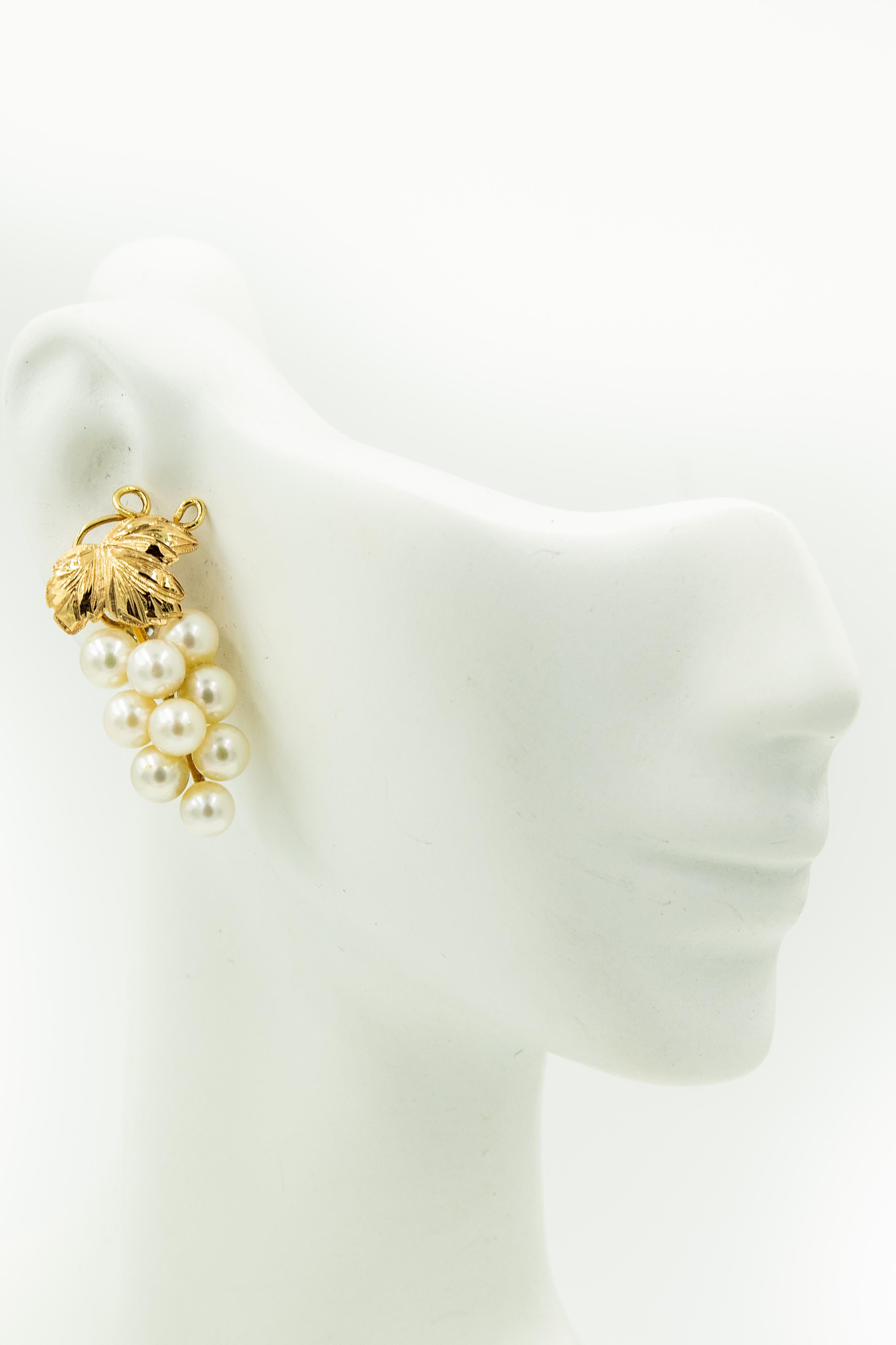 Bead Cultured Pearl Grape Cluster with Yellow Gold Vines and Leaves Earrings