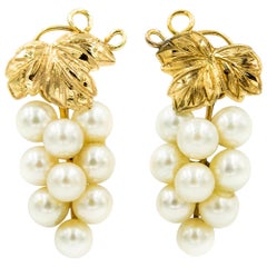 Retro Cultured Pearl Grape Cluster with Yellow Gold Vines and Leaves Earrings