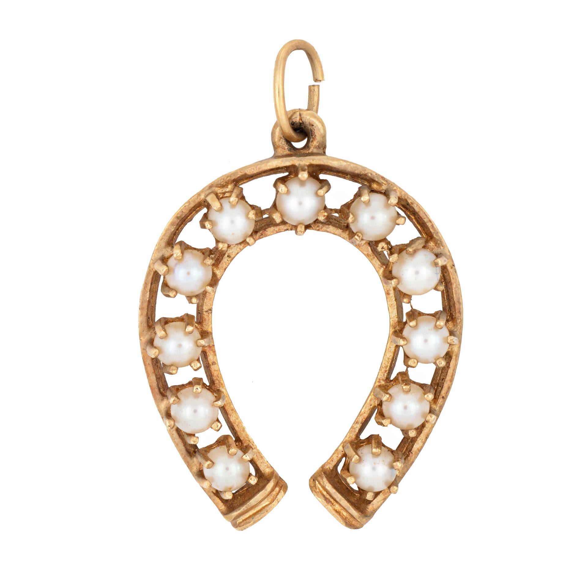 Round Cut Cultured Pearl Horseshoe Pendant Vintage 14k Yellow Gold Charm Estate Jewelry