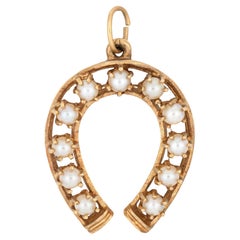 Cultured Pearl Horseshoe Pendant Vintage 14k Yellow Gold Charm Estate Jewelry