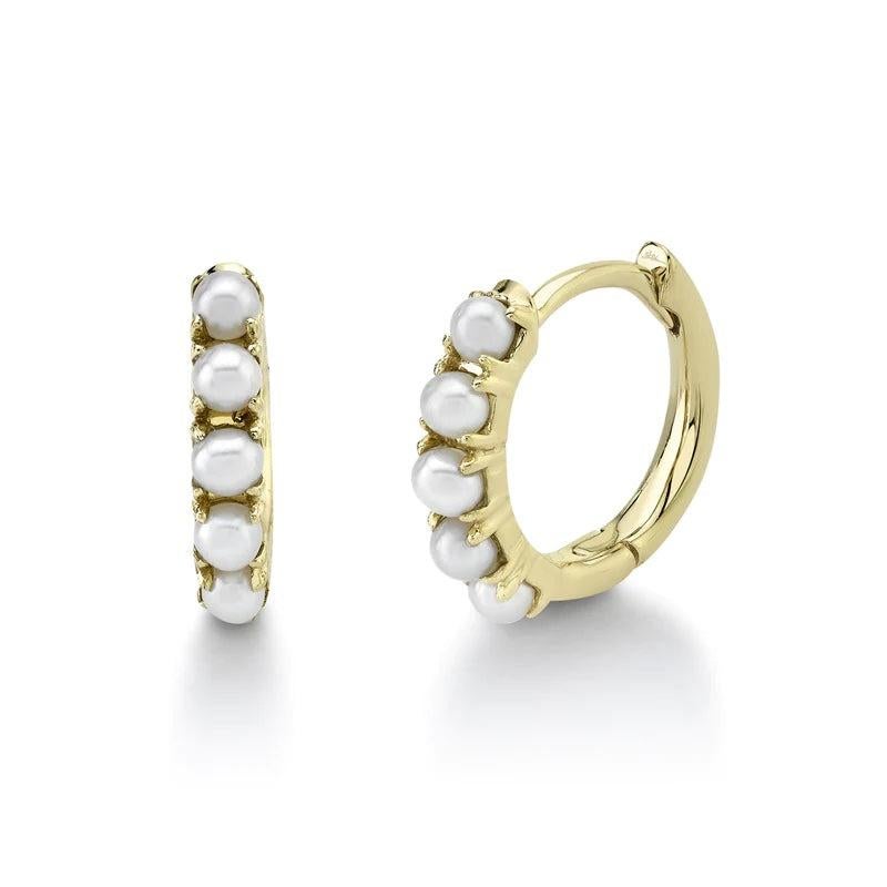 Round Cut Cultured Pearl Huggie Earrings 14 Karat Gold For Sale
