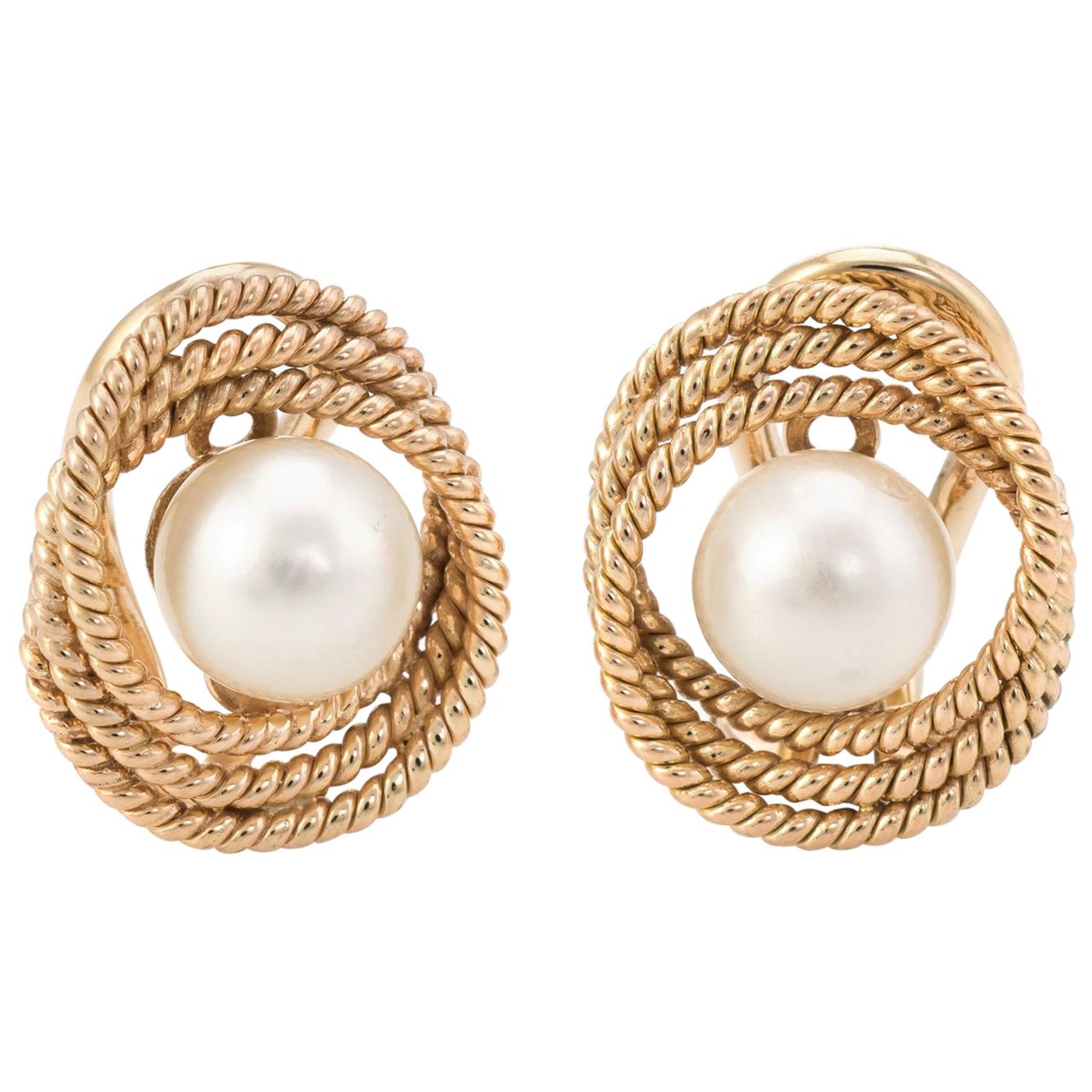 Cultured Pearl Infinity Earrings Vintage 14 Karat Gold Estate Fine Jewelry