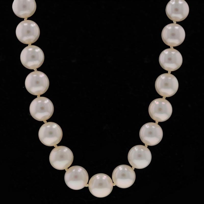Stone Information
Cultured Pearls
Color: Cream
Size: 9.1mm - 9.3mm

Style: Knotted Strand
Fastening Type: N/A (slides over head)

Measurements
Inner Circumference: 31 1/2