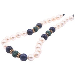Cultured Pearl, Lapis, Malachite Beads and 14 Karat Gold Rondeles Necklace