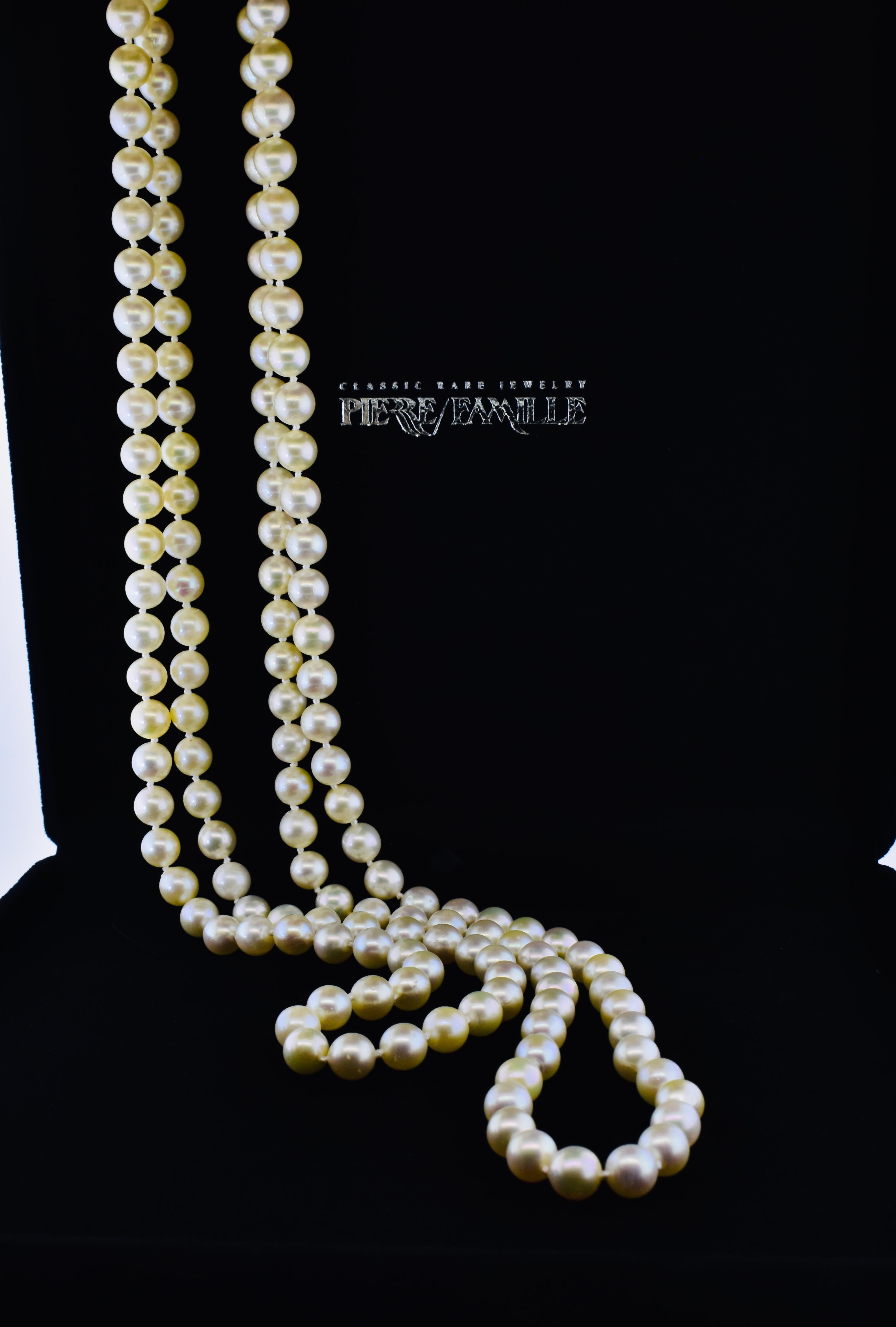 Bead Cultured Pearl Long Fine Strand Completed with an 18K White Gold Clasp For Sale