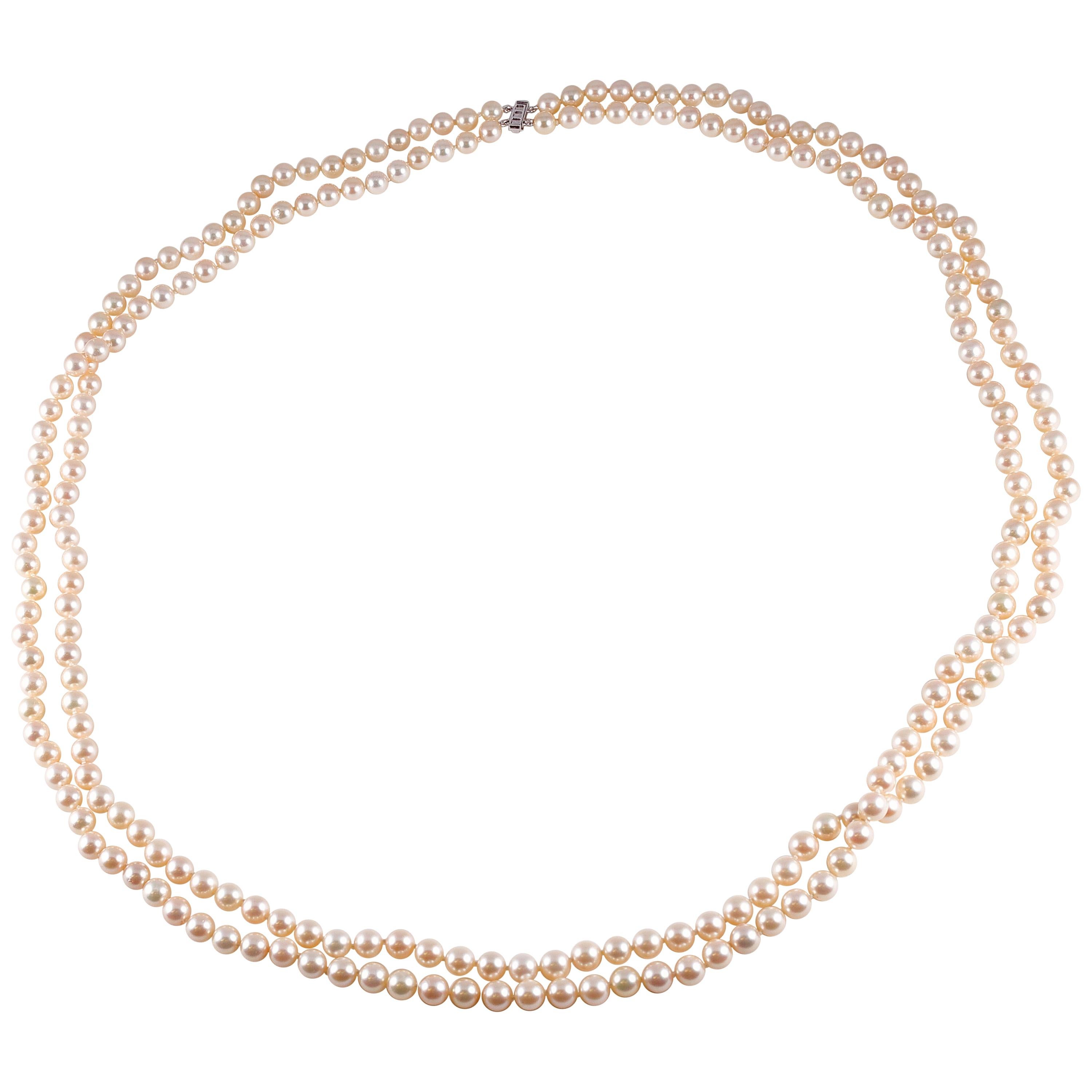 Cultured Pearl Long Necklace Diamond Clasp