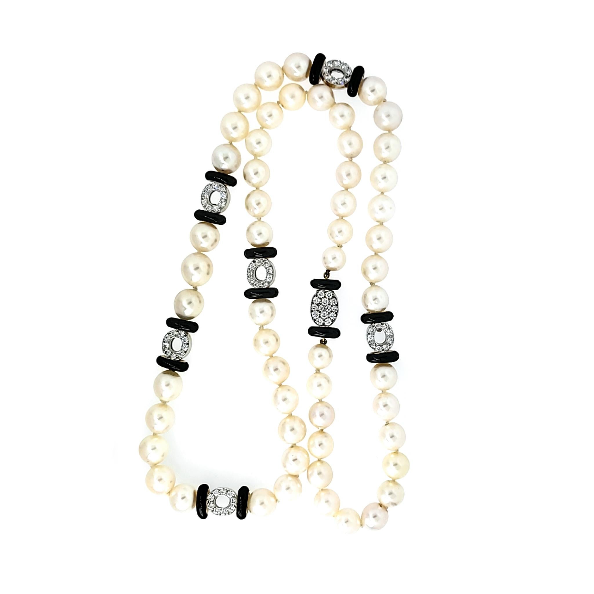Round Cut Cultured Pearl Long Necklace with Onyx and Diamond Rondells For Sale