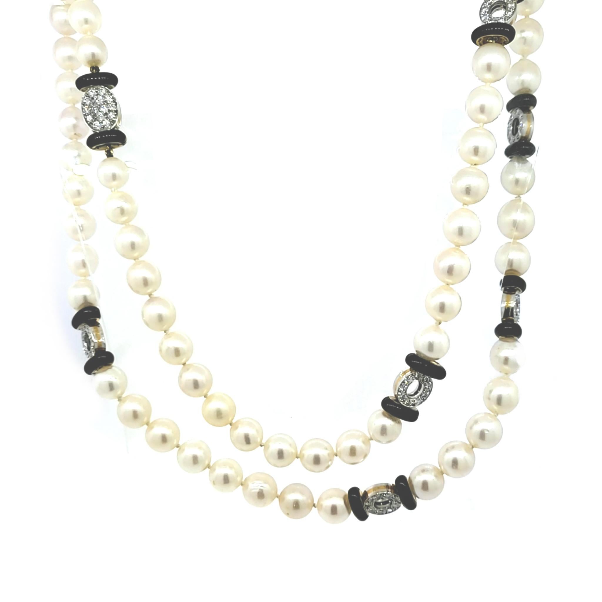 Cultured Pearl Long Necklace with Onyx and Diamond Rondells In Good Condition For Sale In New York, NY