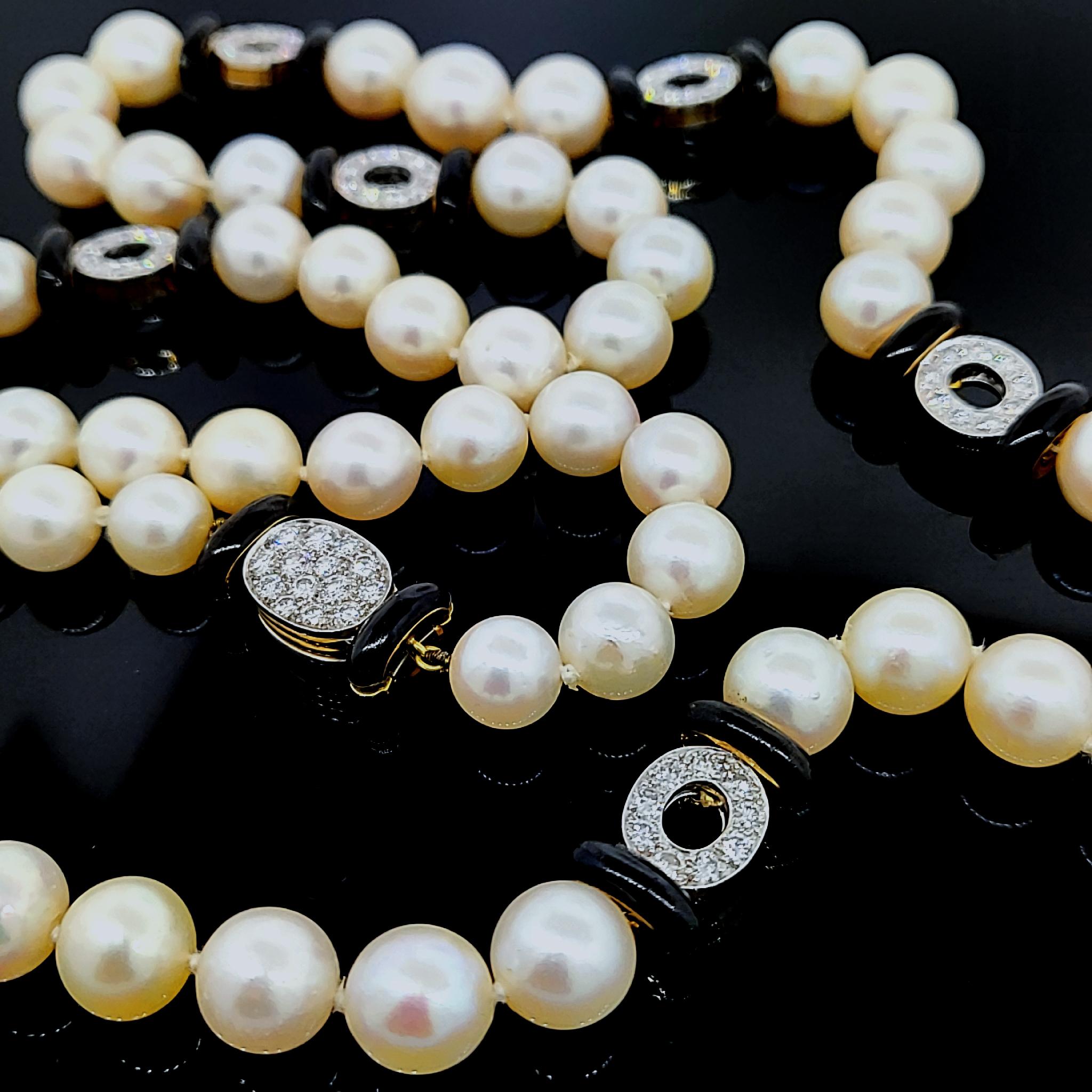 Lange Zuchtperlen-Halskette mit Onyx- und Diamant Rondells Damen im Angebot