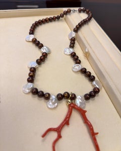 Cultured Pearl Natural Keshi Pearl Natural Coral Tree Gold Clasp Necklace