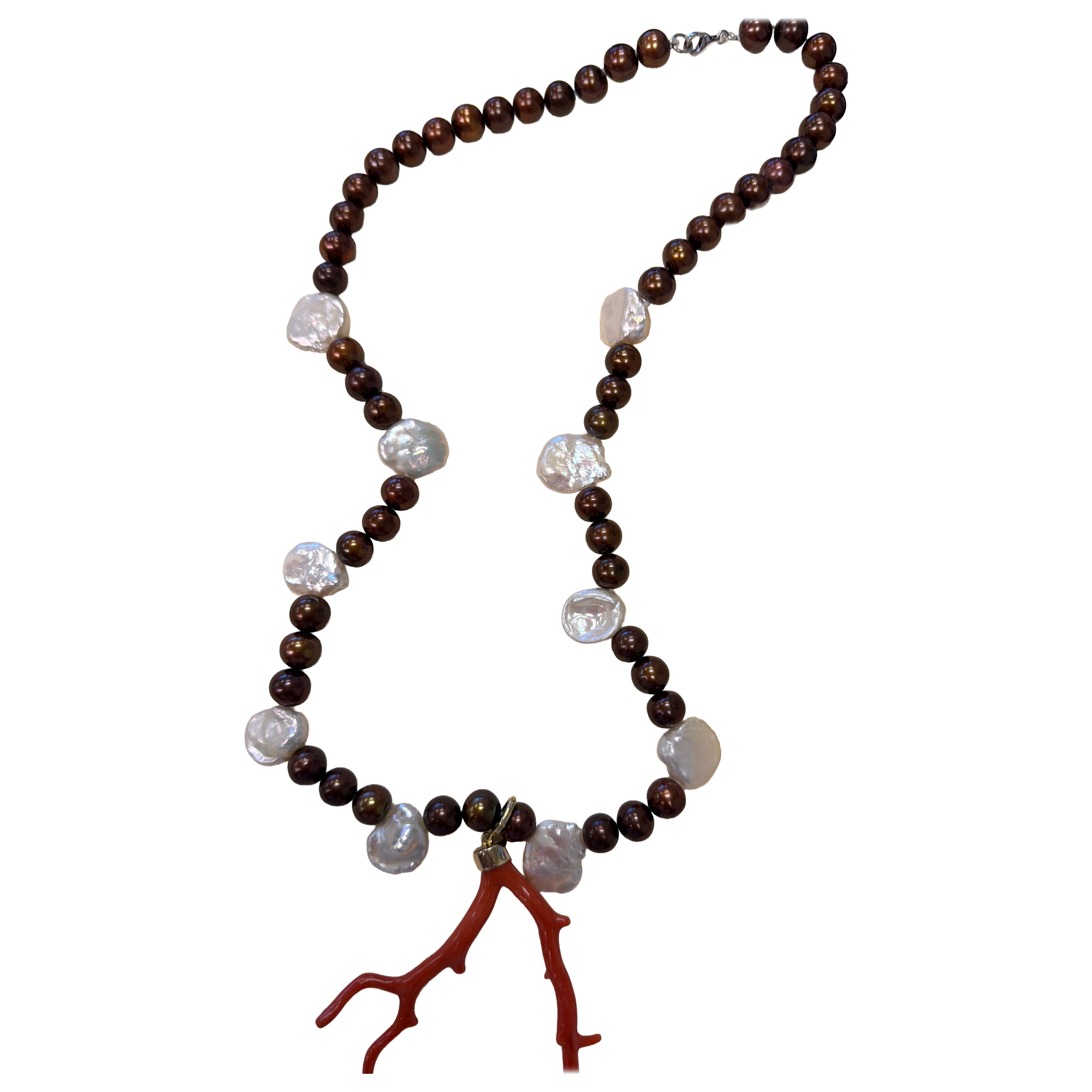 Cultured Pearl Natural Keshi Pearl Natural Coral Tree Gold Clasp Necklace For Sale