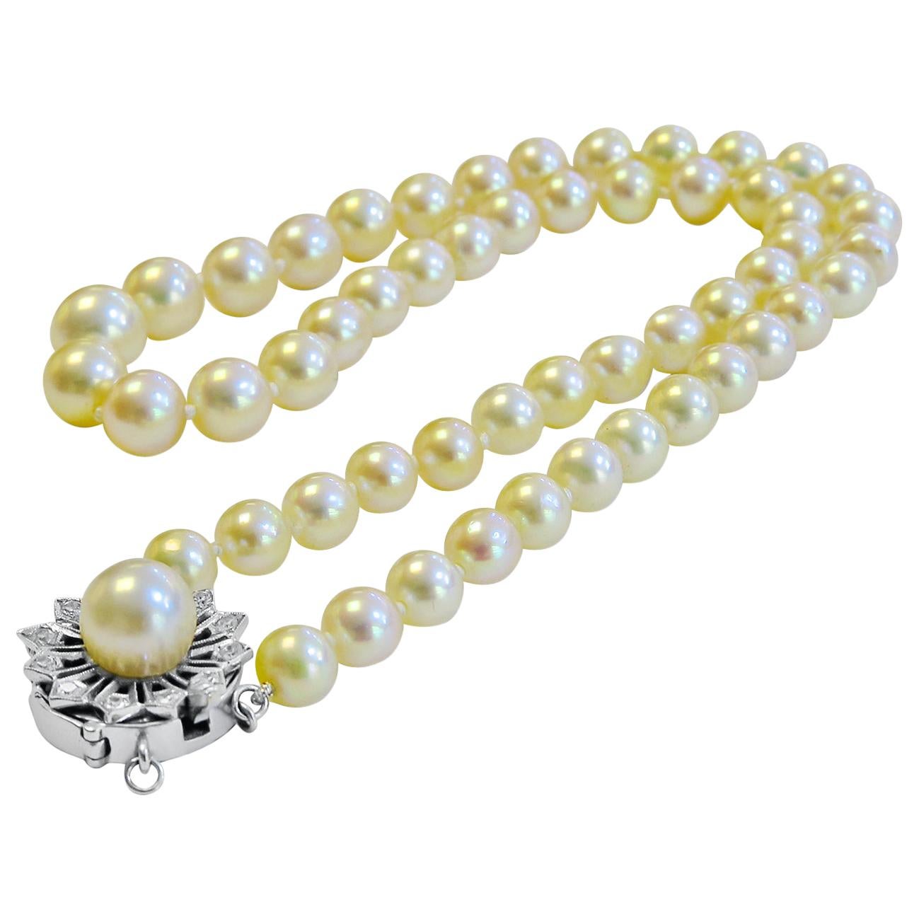 Cultured Pearl Necklace Graduated Vintage with 14 Karat Gold, Diamond Brooch For Sale