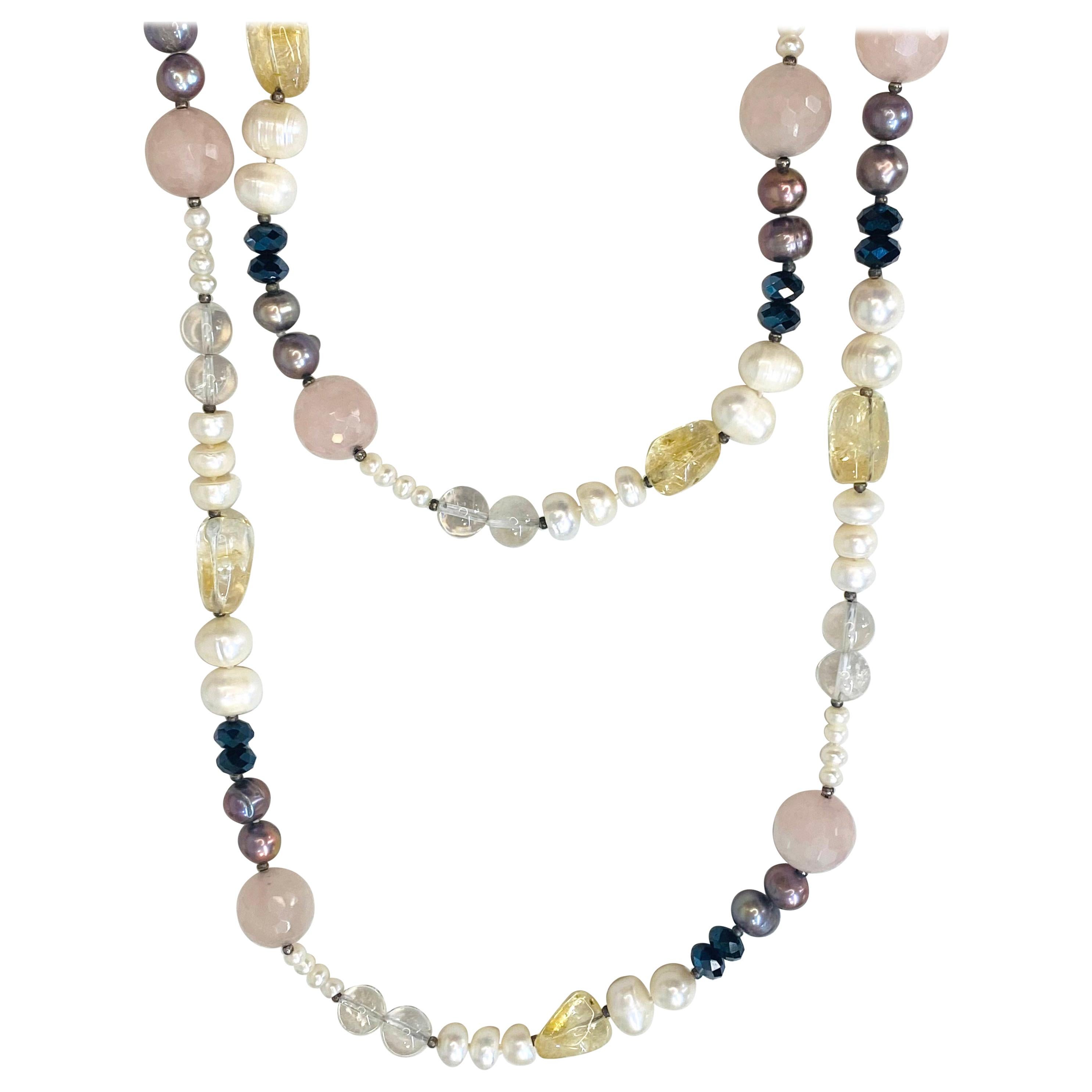 Collier de perles de culture, quartz rose, améthyste, citrine et perles véritables