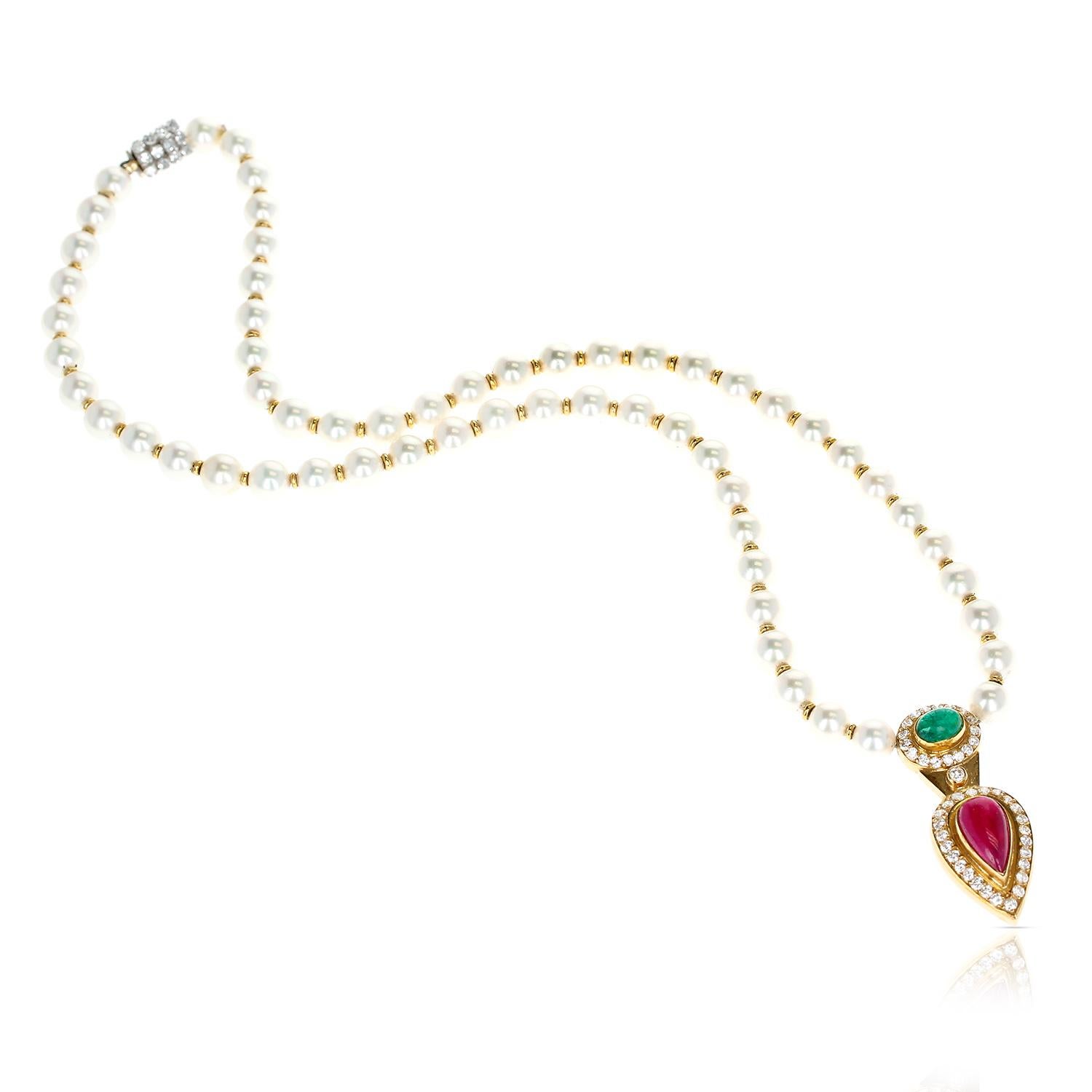 Bead Cultured Pearl Necklace with an Emerald and Ruby Cabochon, and Diamonds For Sale