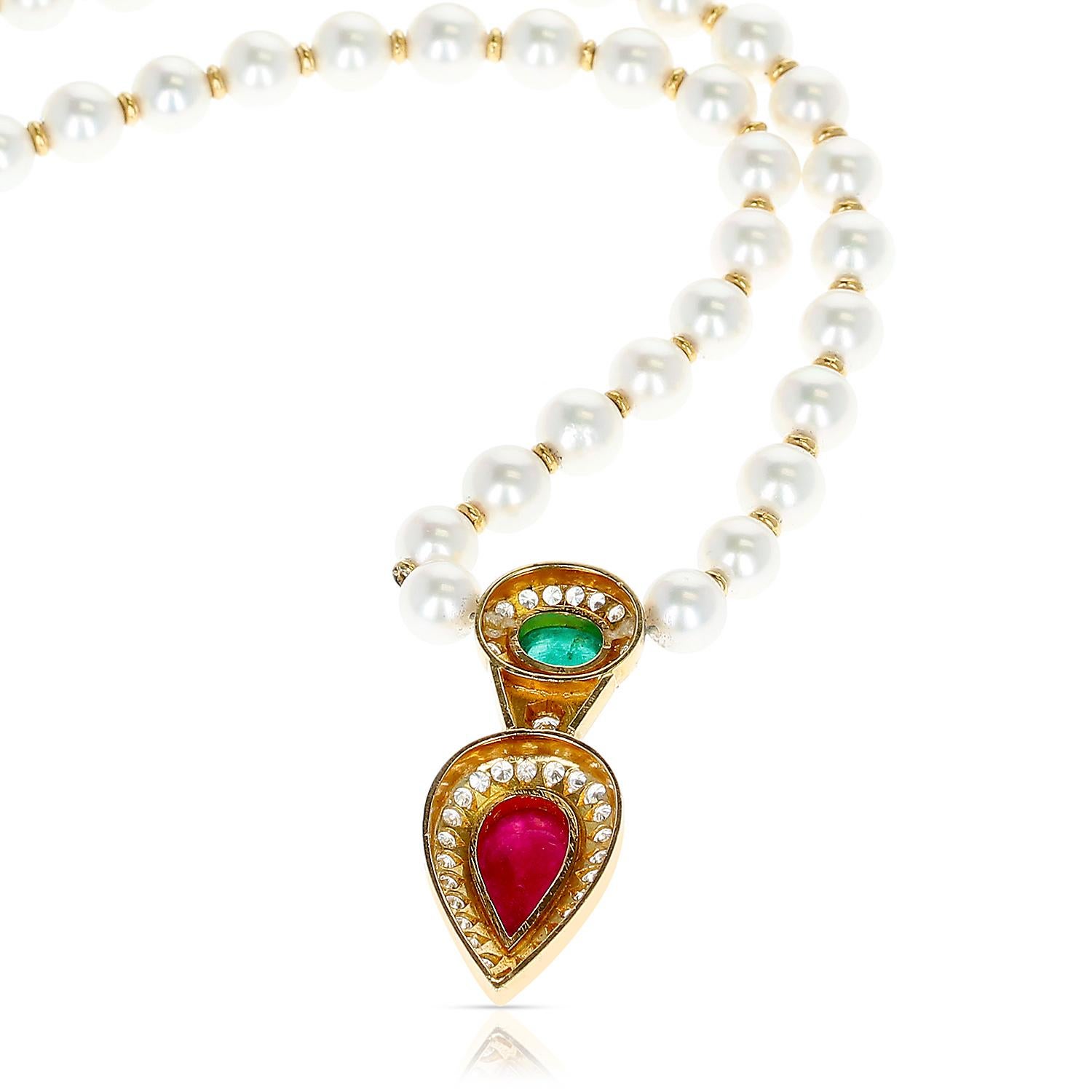 Women's or Men's Cultured Pearl Necklace with an Emerald and Ruby Cabochon, and Diamonds For Sale