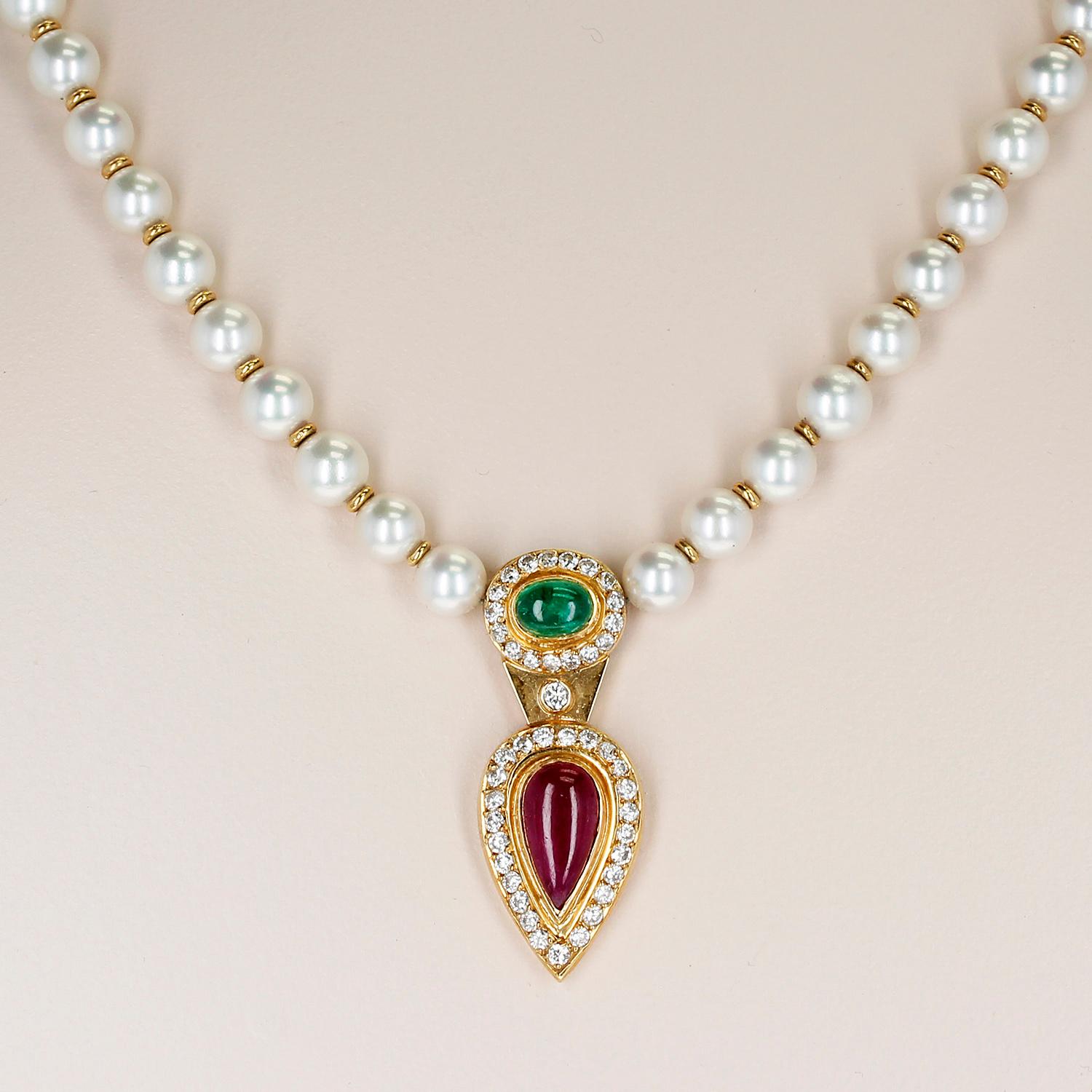 Cultured Pearl Necklace with an Emerald and Ruby Cabochon, and Diamonds For Sale 1