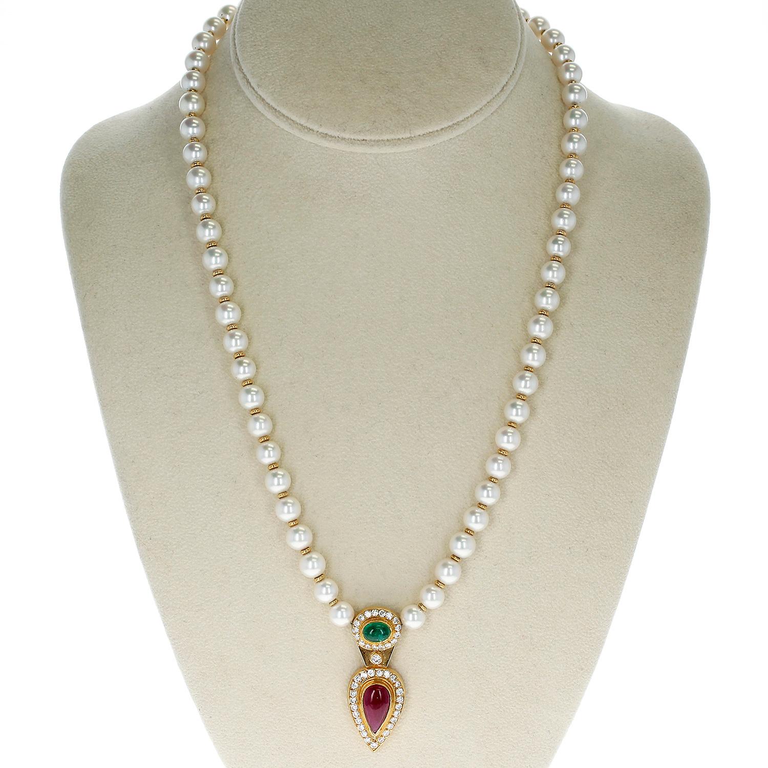 Cultured Pearl Necklace with an Emerald and Ruby Cabochon, and Diamonds For Sale 2