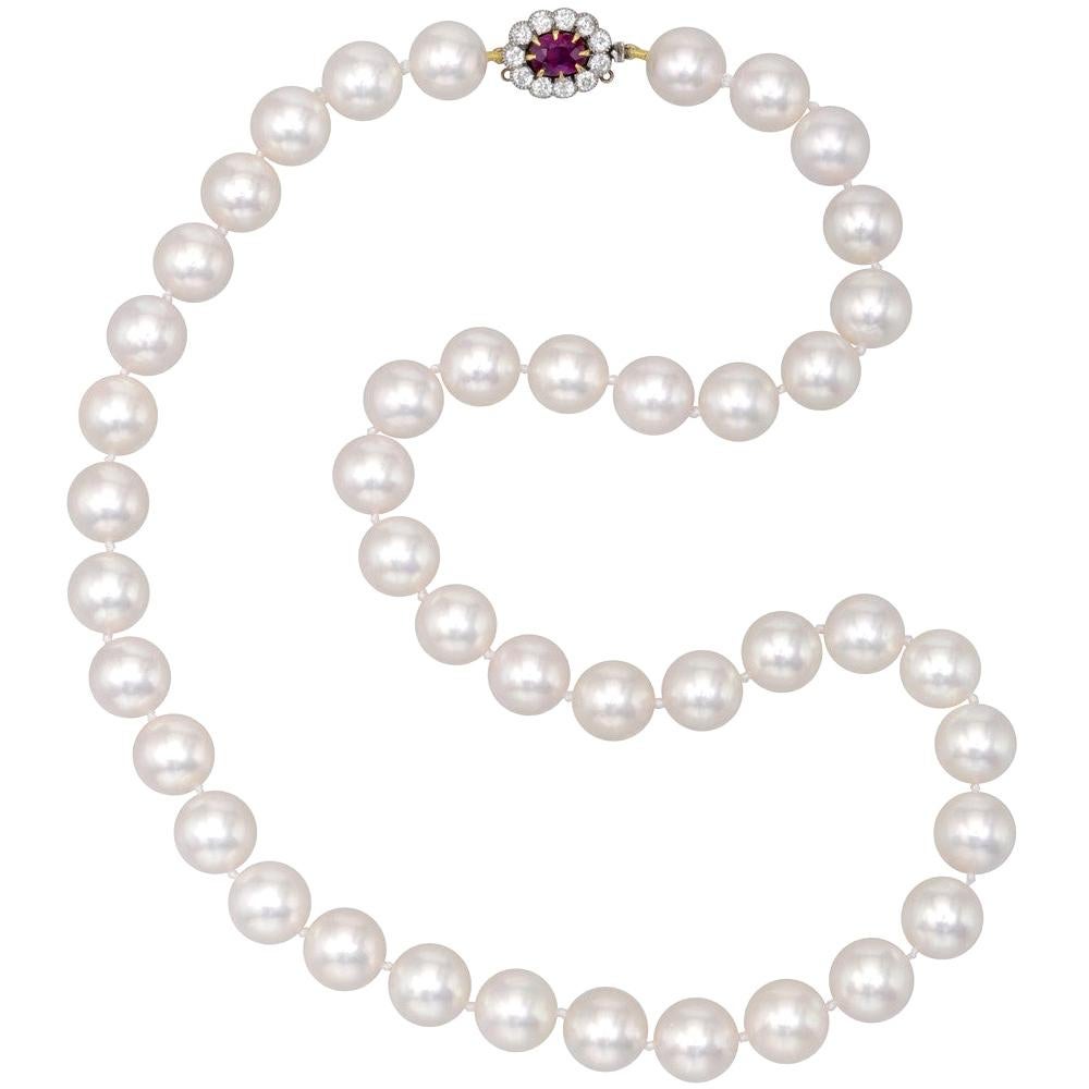 Cultured Pearl Necklace with Antique Ruby and Diamond Clasp
