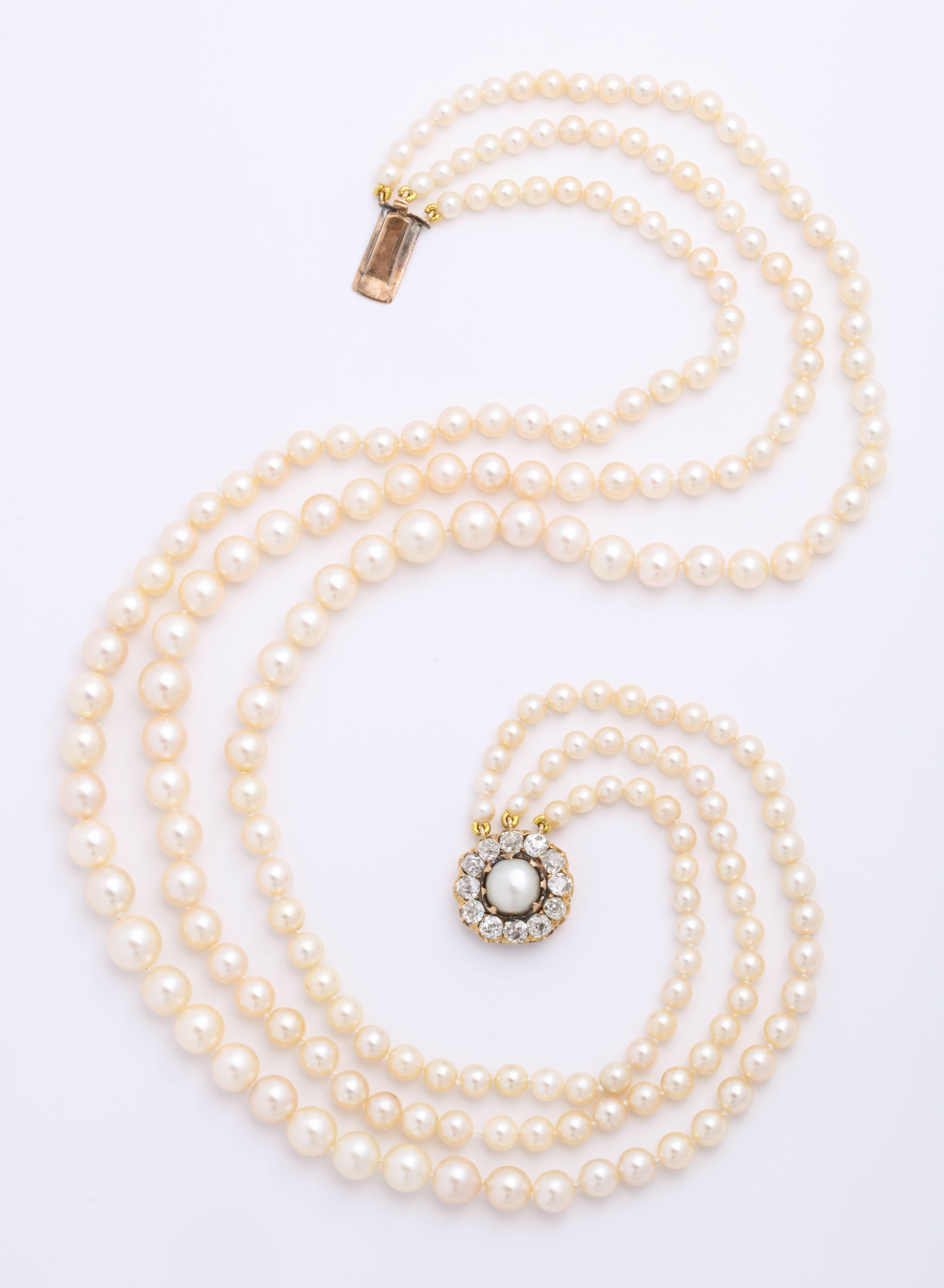 Old Mine Cut Cultured Pearl Necklace with Antique Diamond Clasp