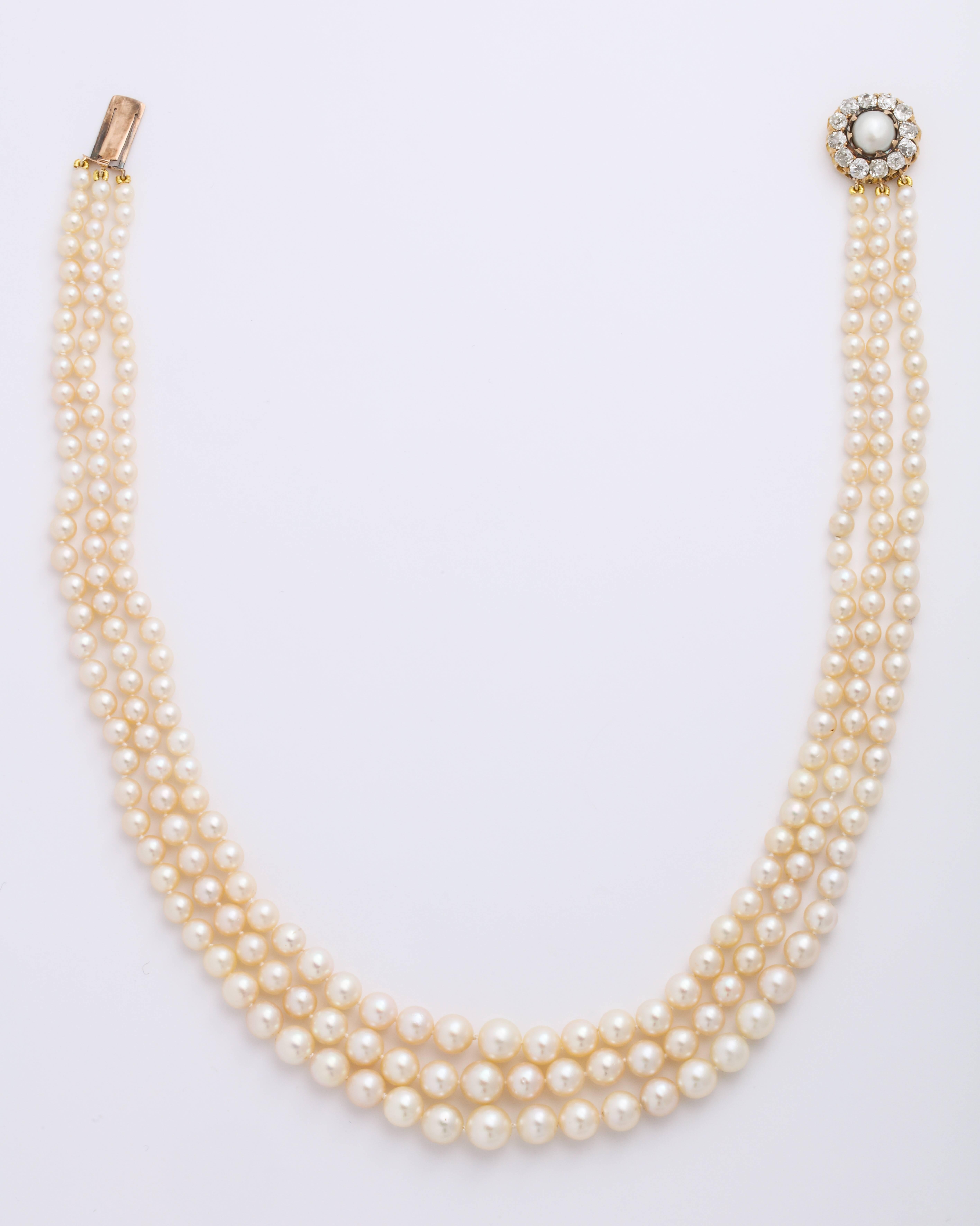 Cultured Pearl Necklace with Antique Diamond Clasp In Good Condition In New York, NY