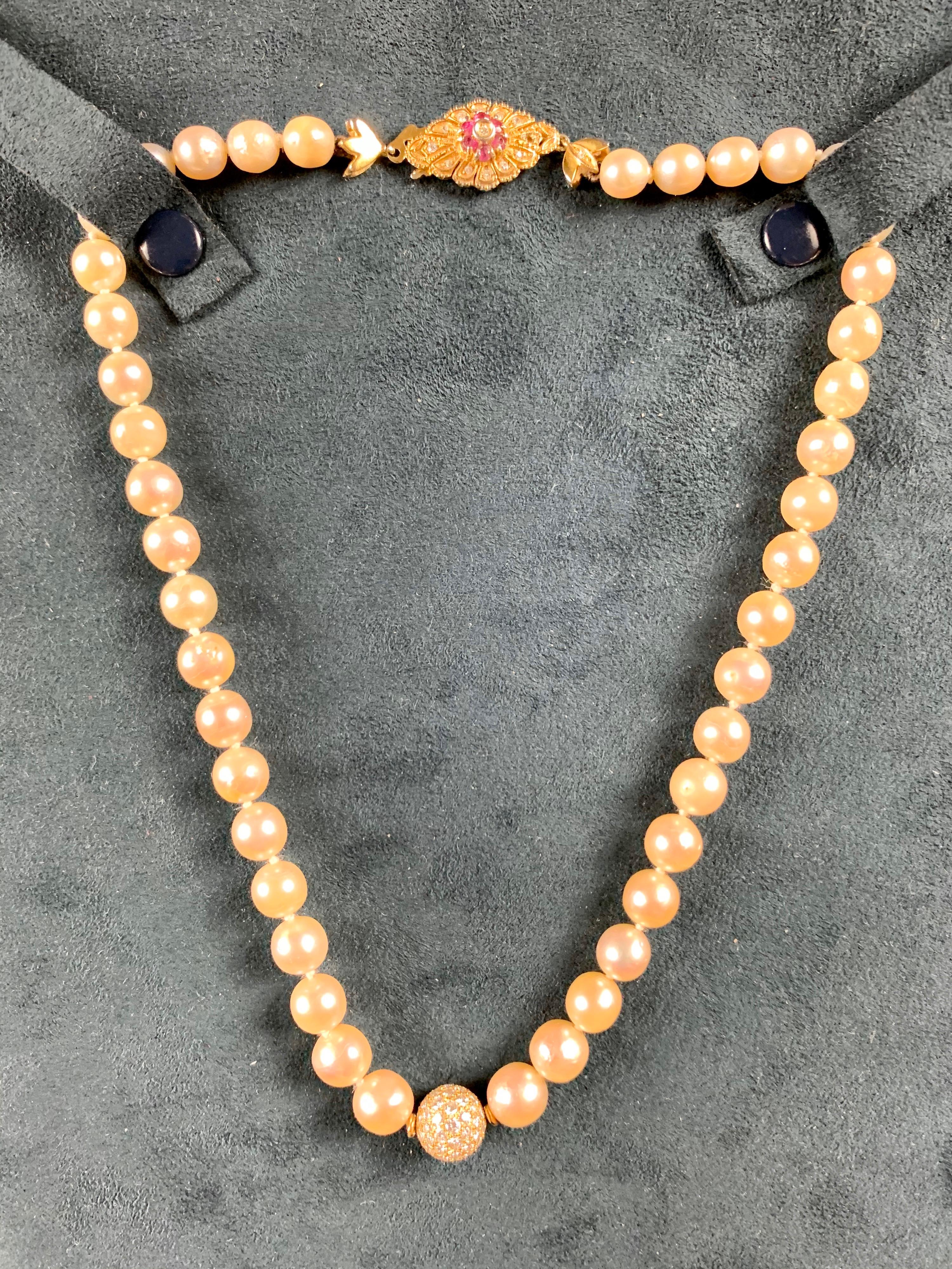 Cultured Pearl Necklace With Diamond Pave Ball For Sale 4